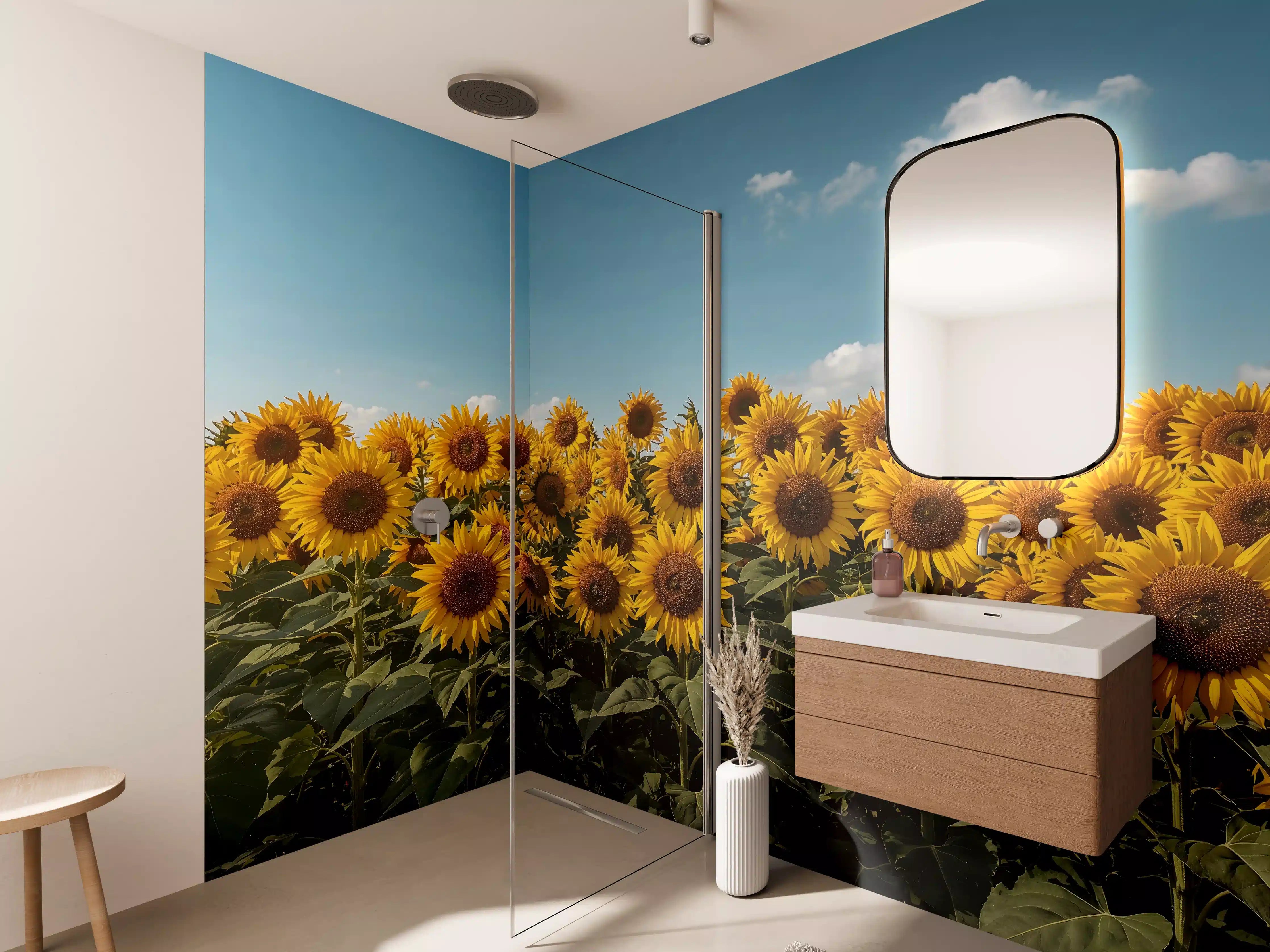 Wandverkleidung Bad - Leuchtende Sonnenblumenfelder bei Sonnenschein