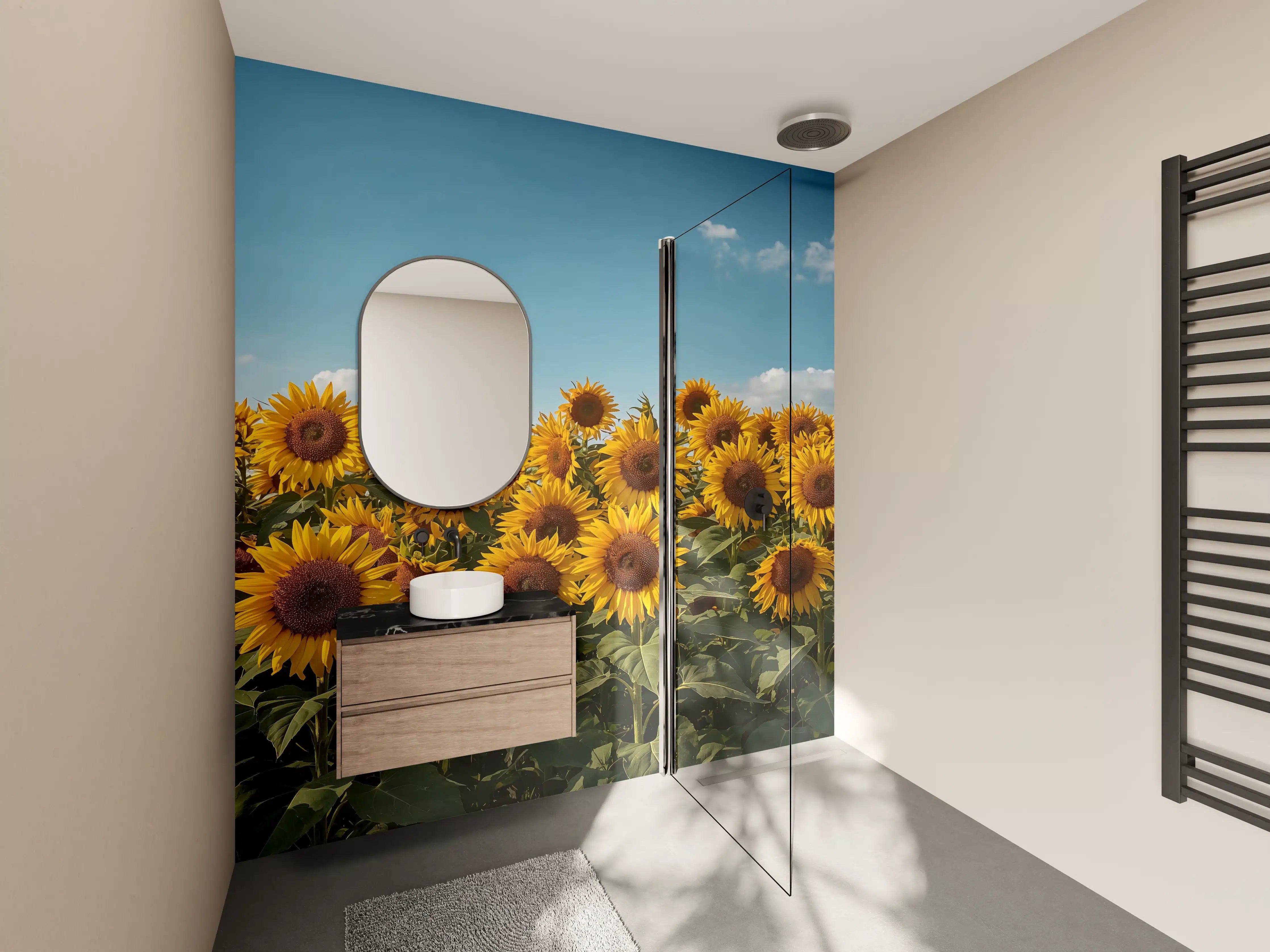 Wandverkleidung Bad - Leuchtende Sonnenblumenfelder bei Sonnenschein