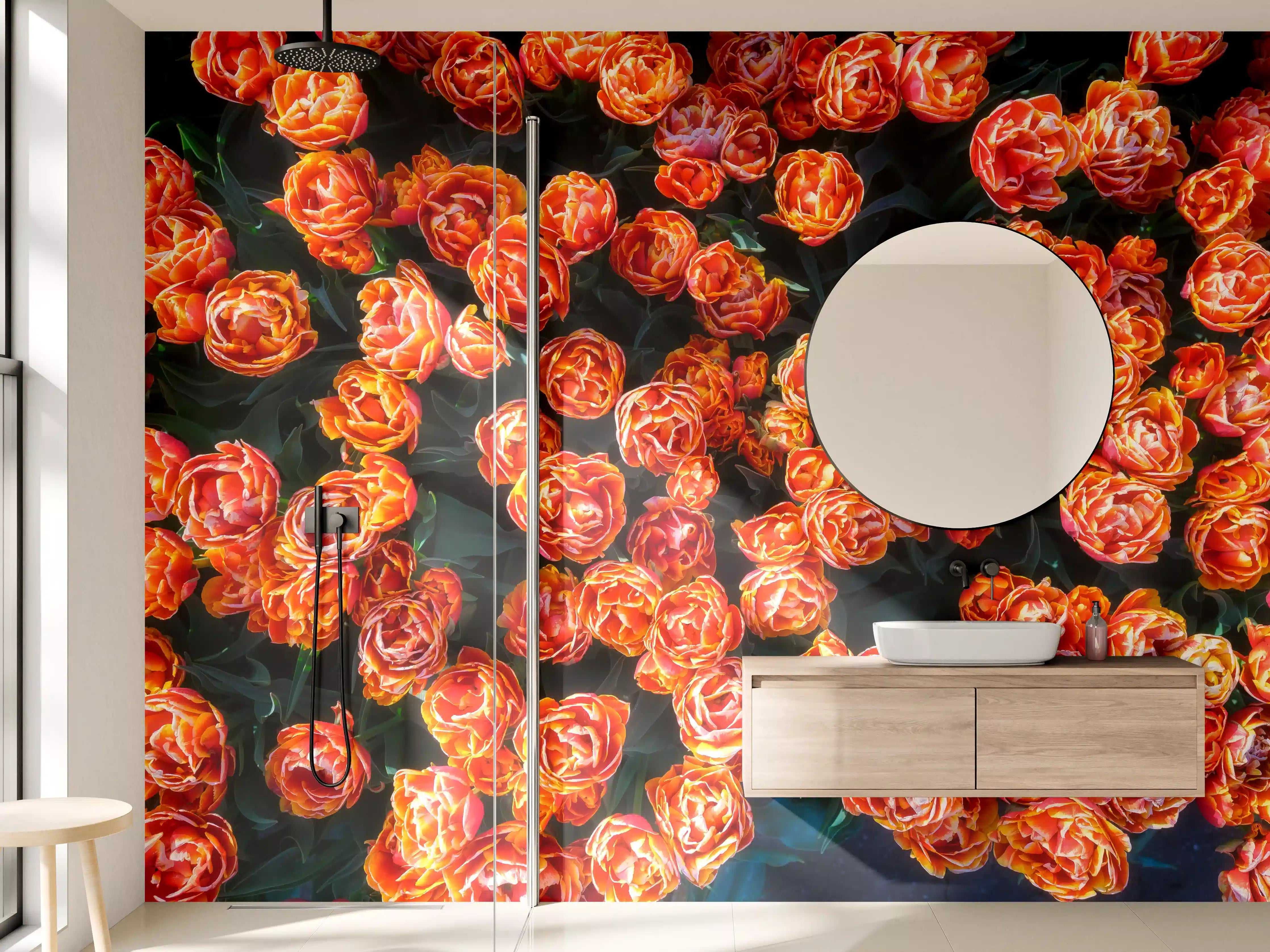 Wandverkleidung Bad - Leuchtende orangerote Tulpenfeld