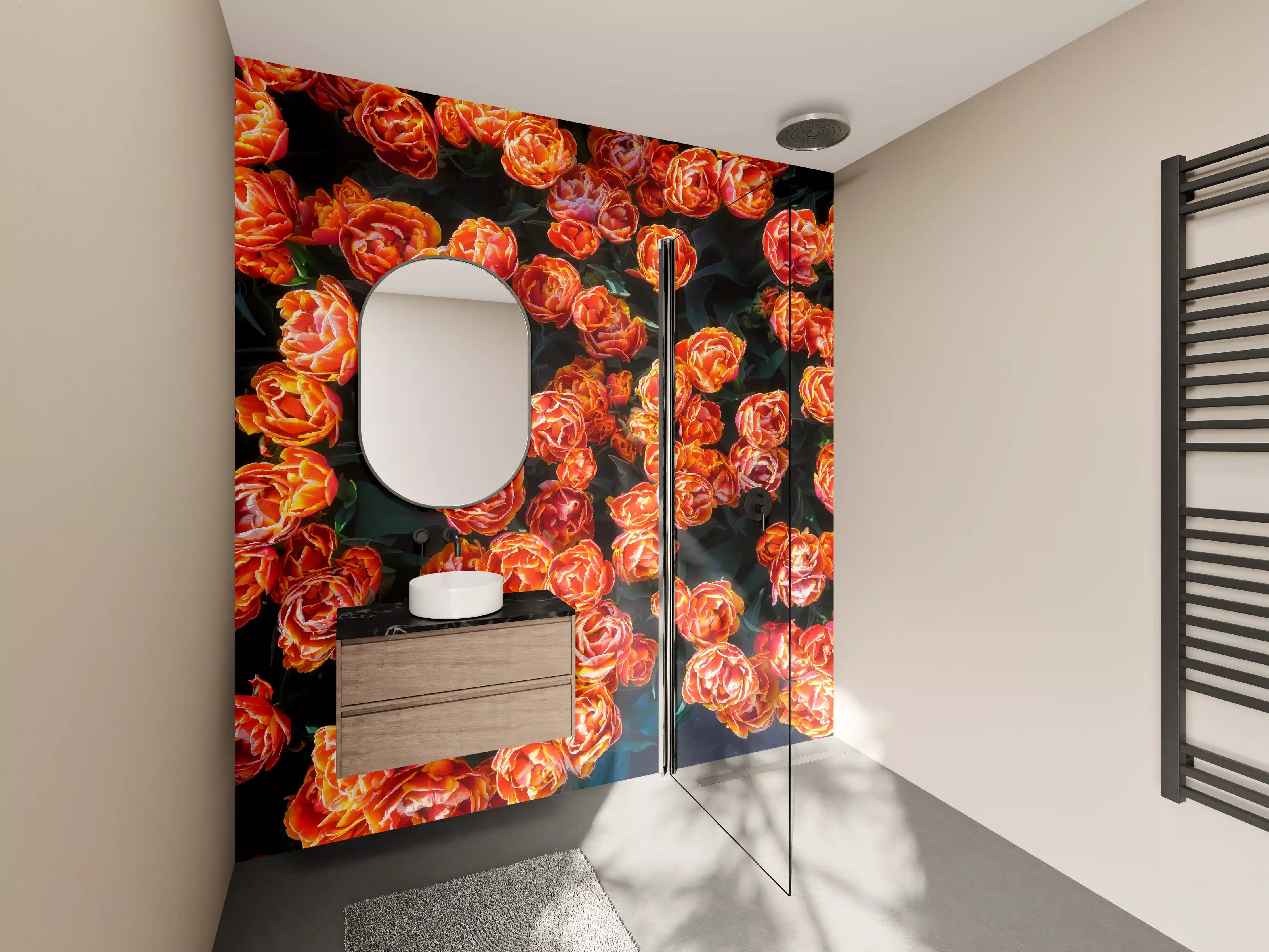 Wandverkleidung Bad - Leuchtende orangerote Tulpenfeld