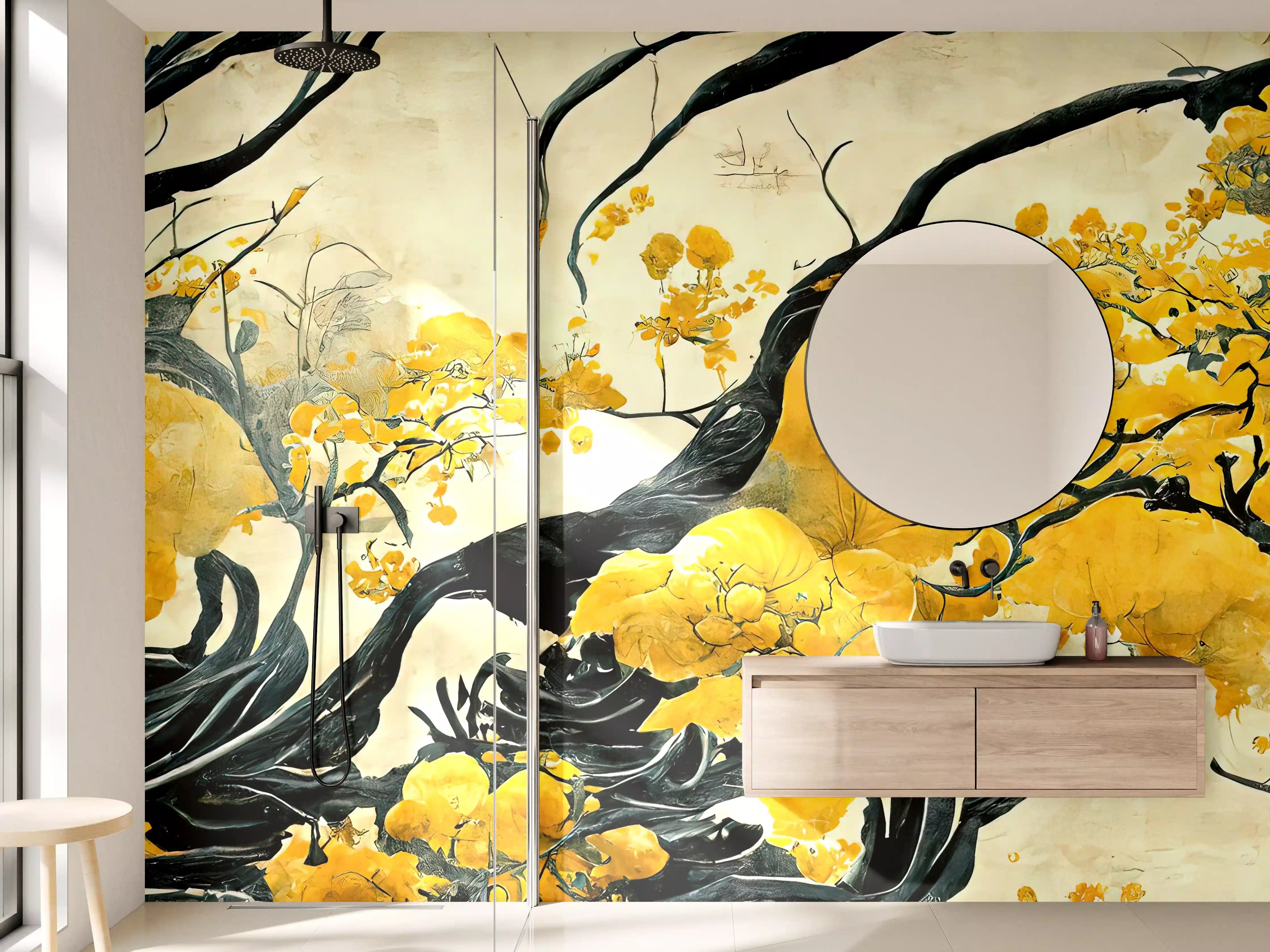 Wandverkleidung Bad - Leuchtender goldener Baum im asiatischen Stil