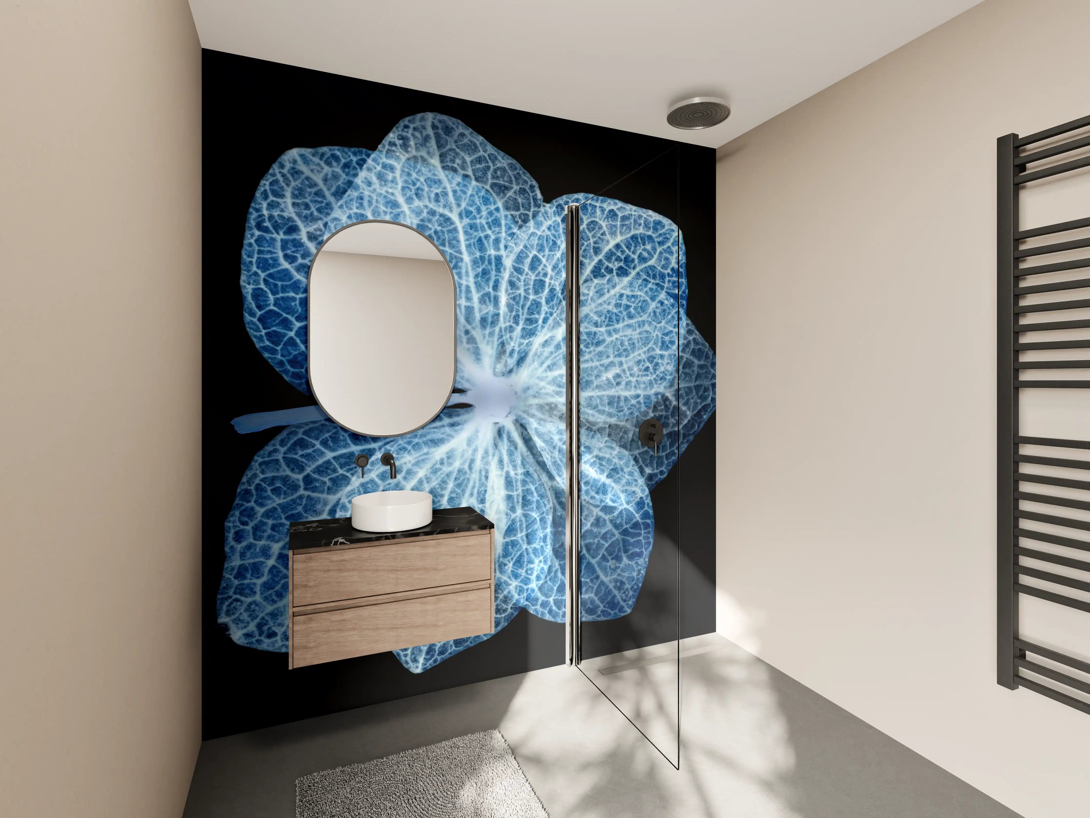 Wandverkleidung Bad - Leuchtendes Blumenmuster in Blau