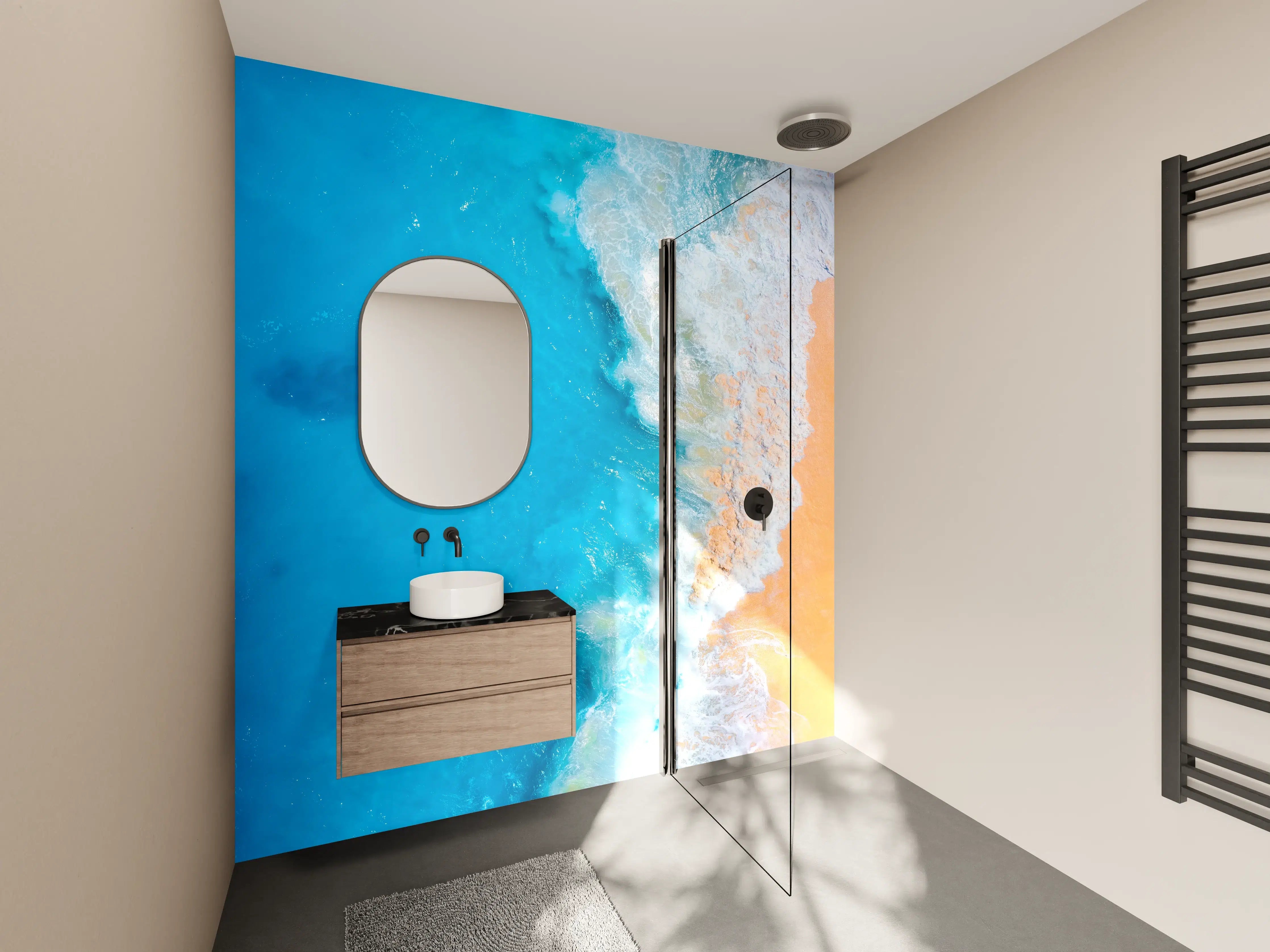 Wandverkleidung Bad - Leuchtendes Meerespanorama mit Sandstrand