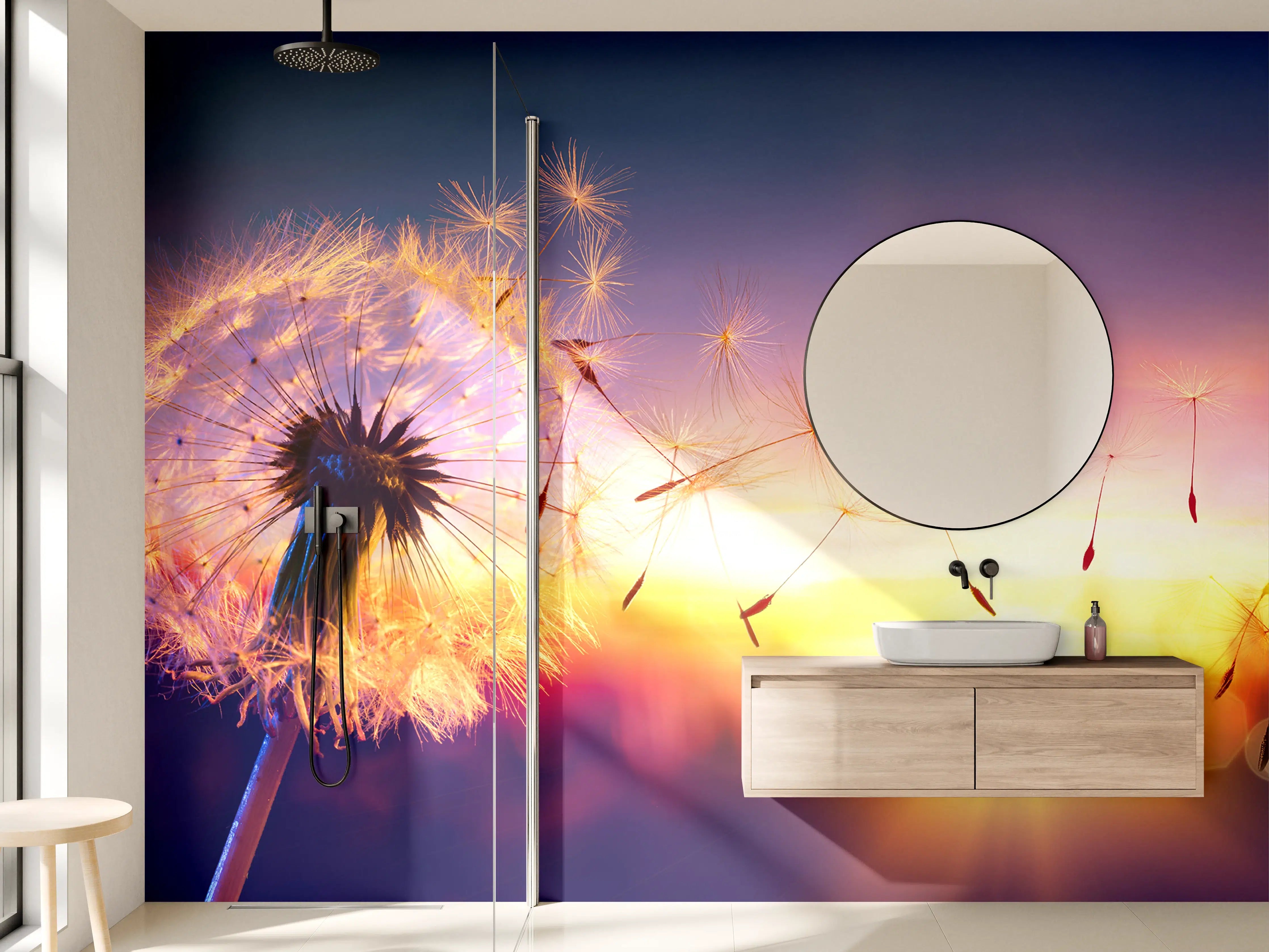 Wandverkleidung Bad - Leuchtendes Pusteblumen im Sonnenuntergang