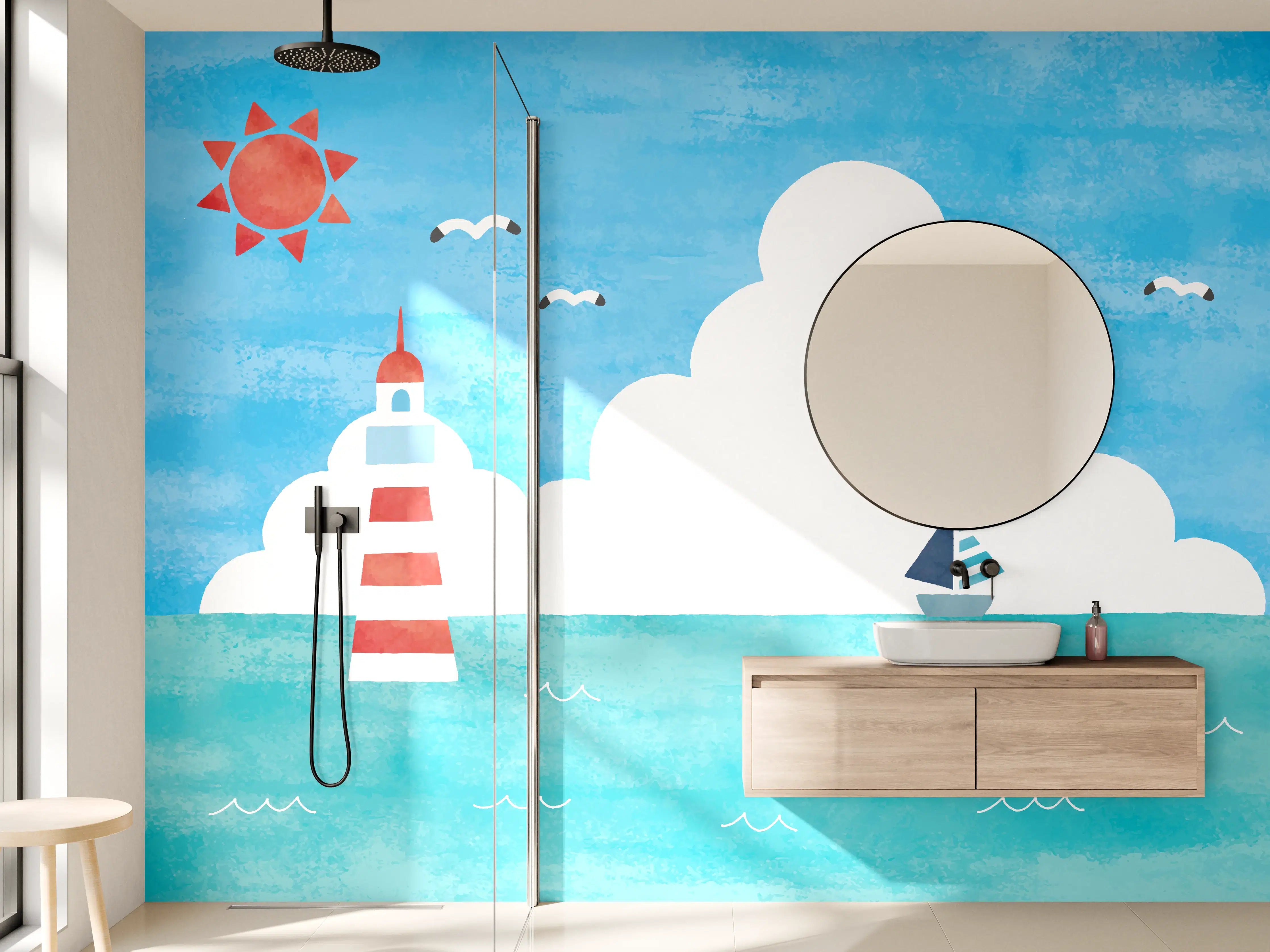 Wandverkleidung Bad - Leuchtturm Aquarell Meer