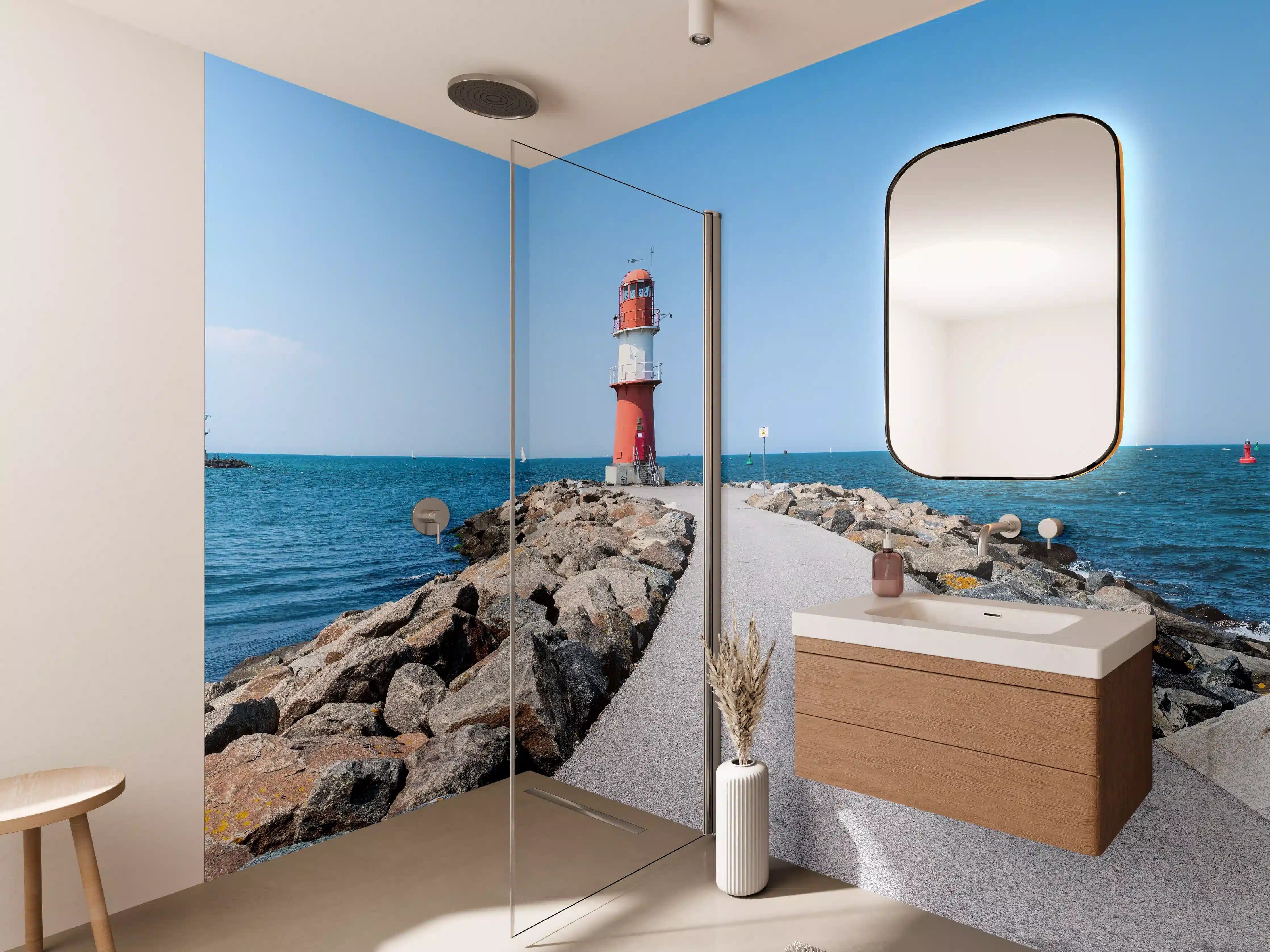 Wandverkleidung Bad - Leuchtturm am Meer