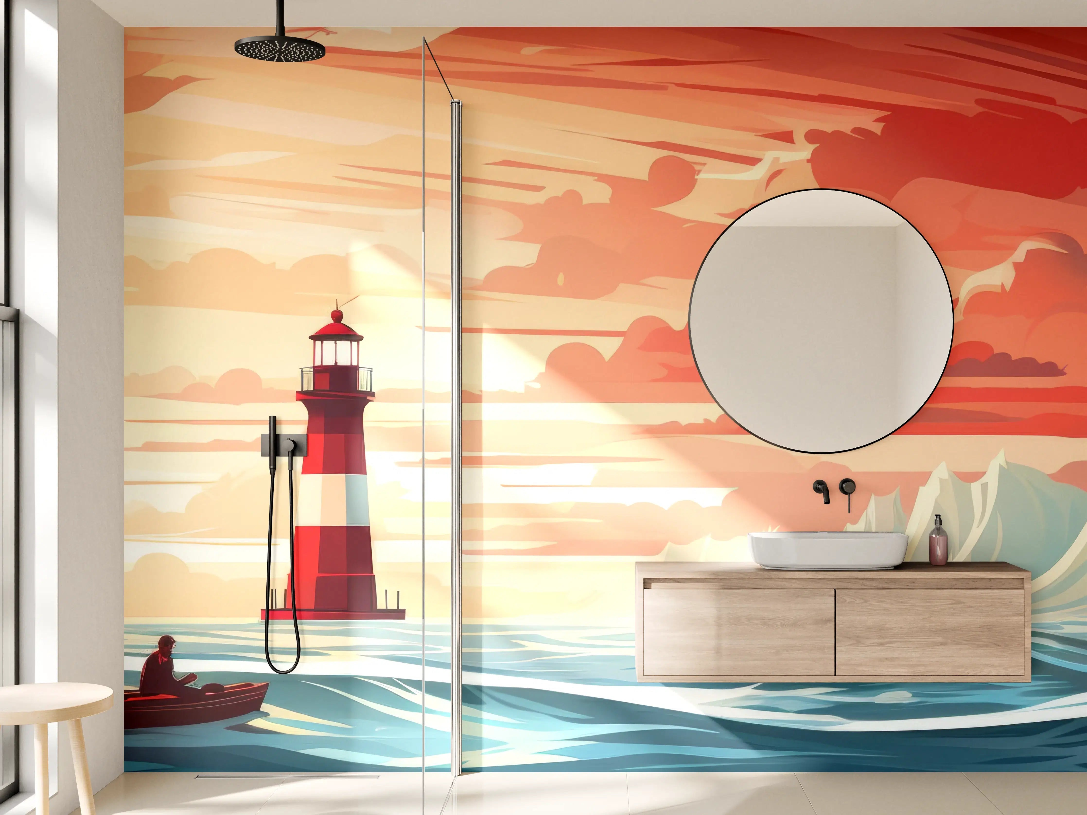 Wandverkleidung Bad - Leuchtturm am Sonnenuntergang