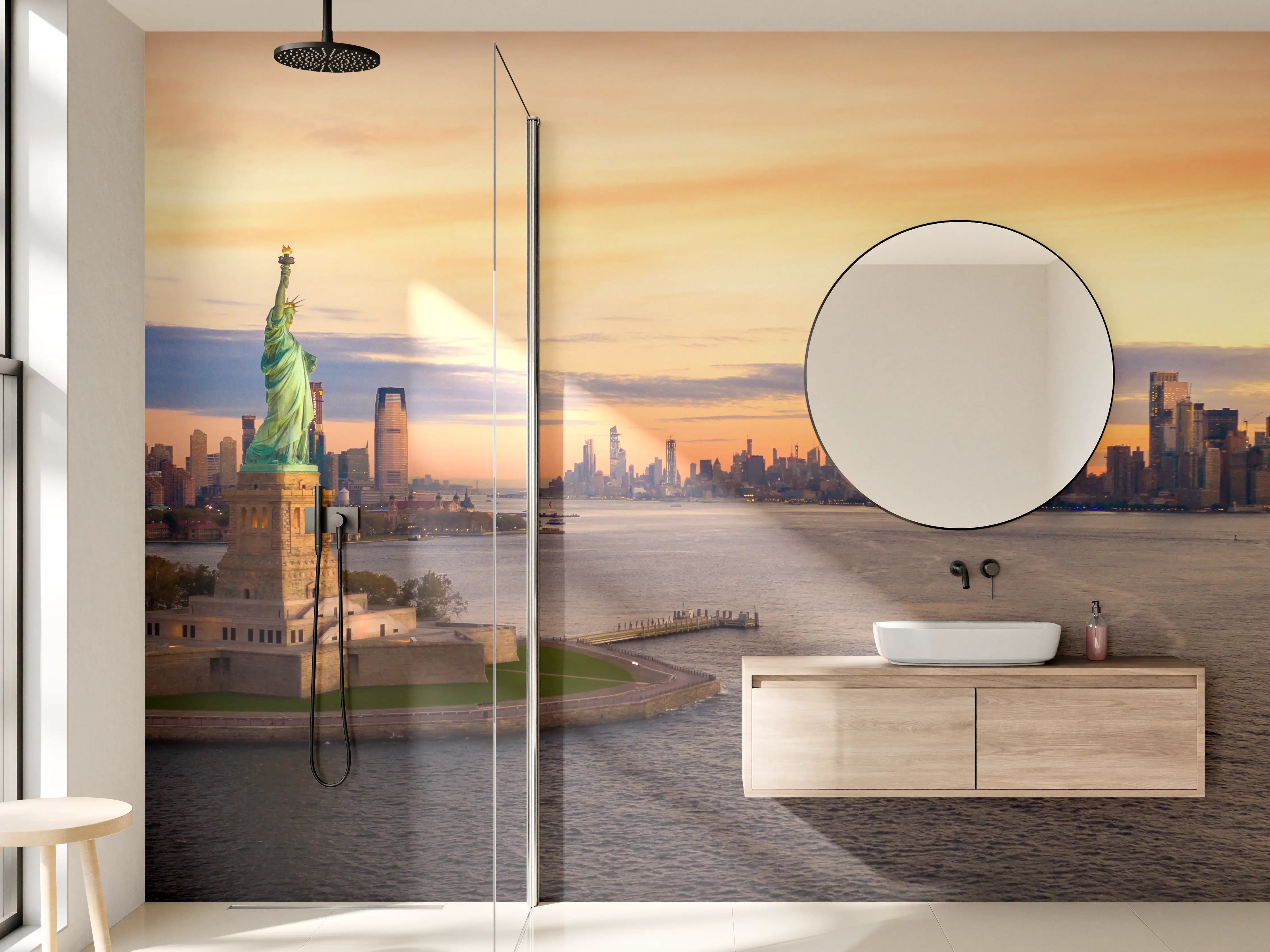 Wandverkleidung Bad - Leuchtturm mit Blick auf New York bei Sonnenuntergang