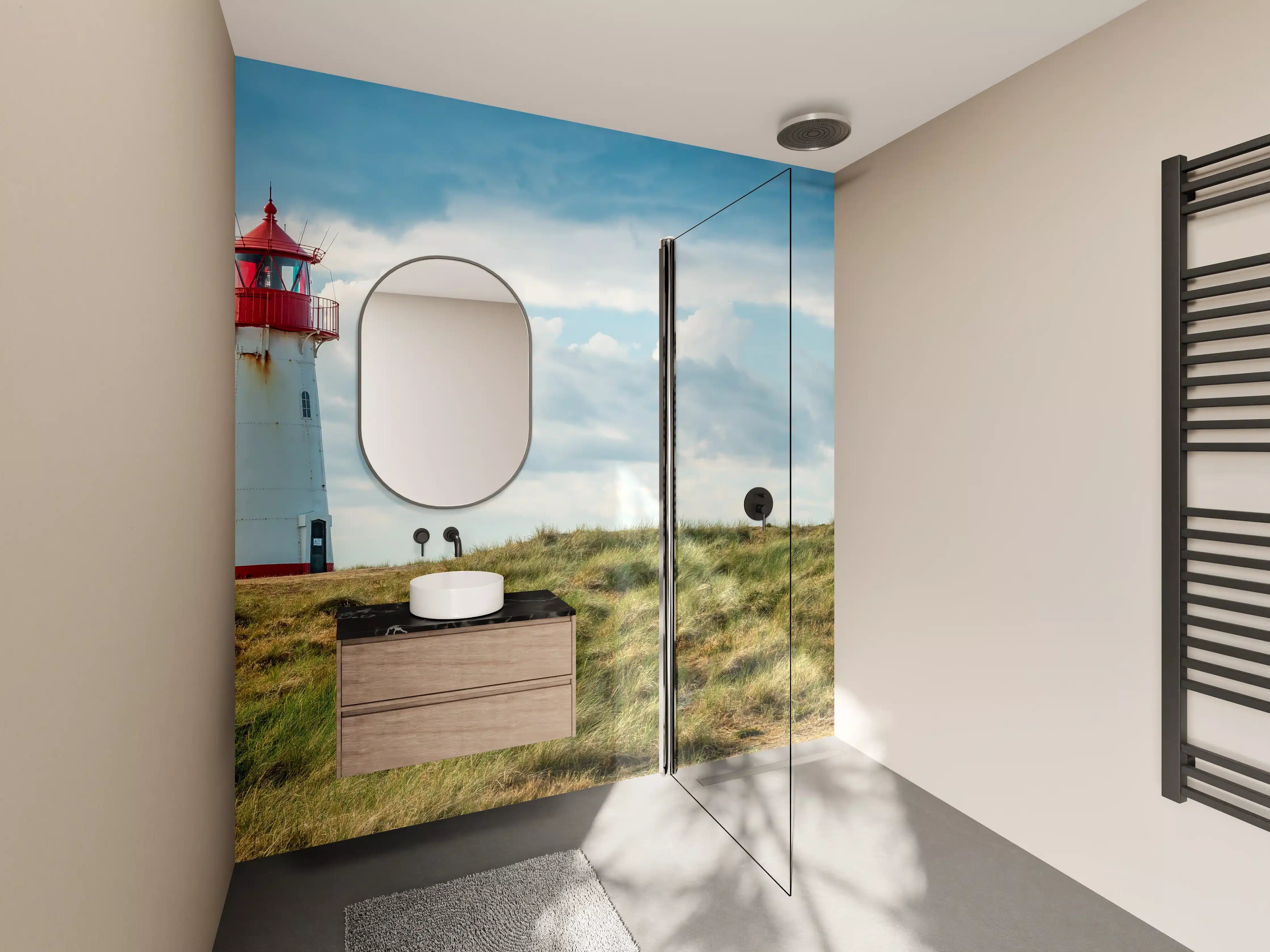 Wandverkleidung Bad - Leuchtturm vor dramatischem Himmel