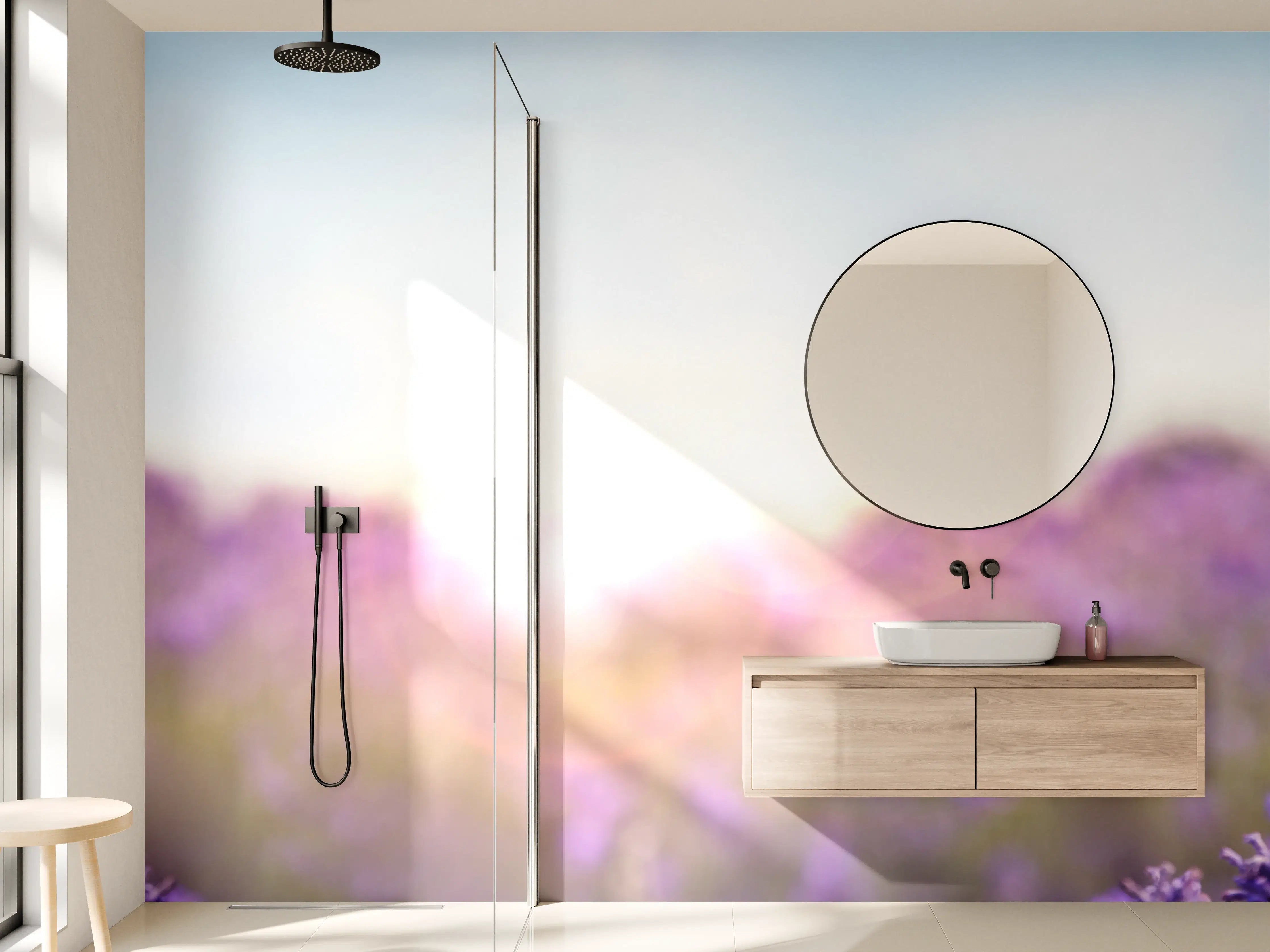 Wandverkleidung Bad - Lila Lavendelfeld im Morgenlicht