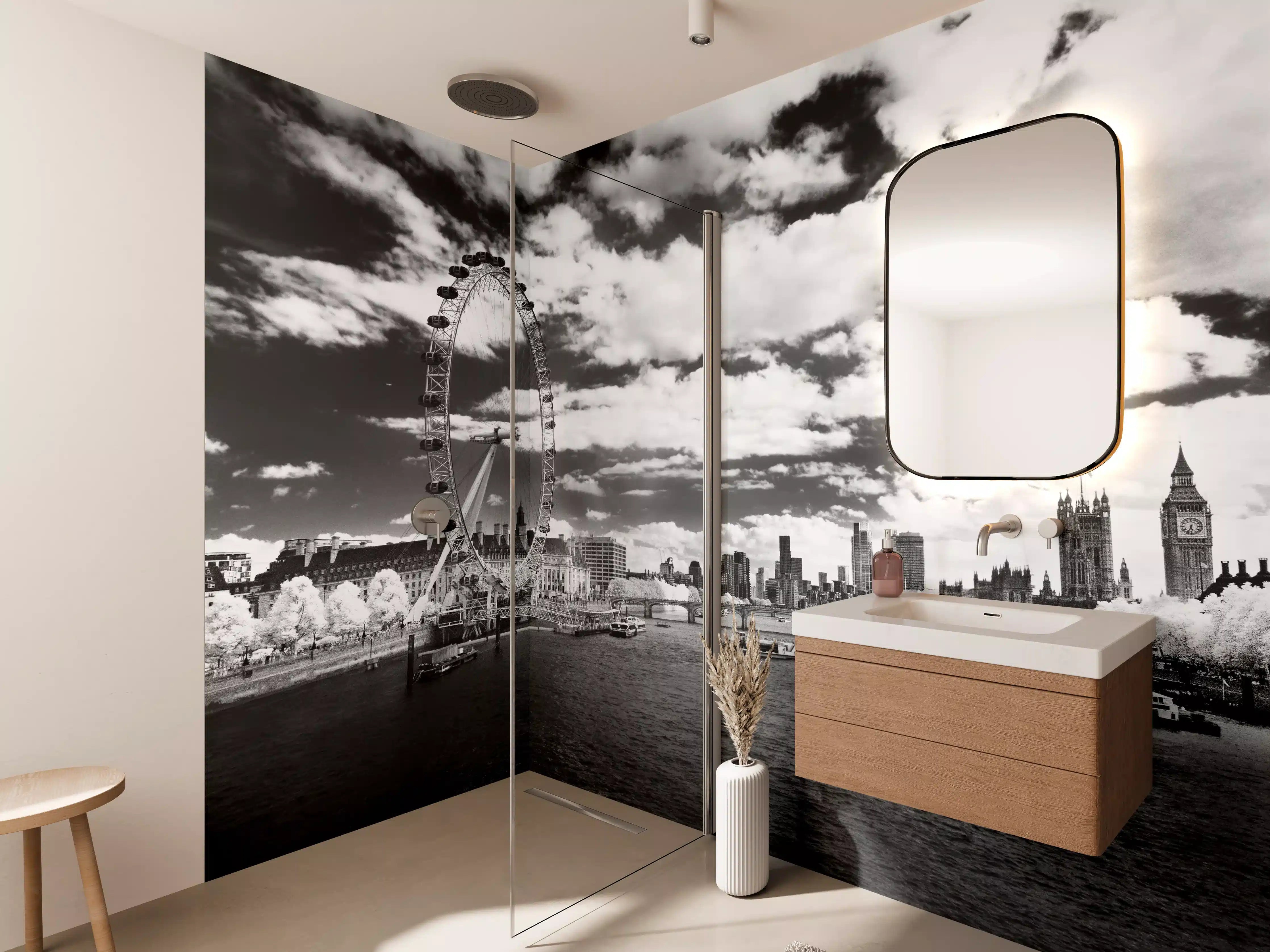 Wandverkleidung Bad - London Panorama in Schwarz-Weiß