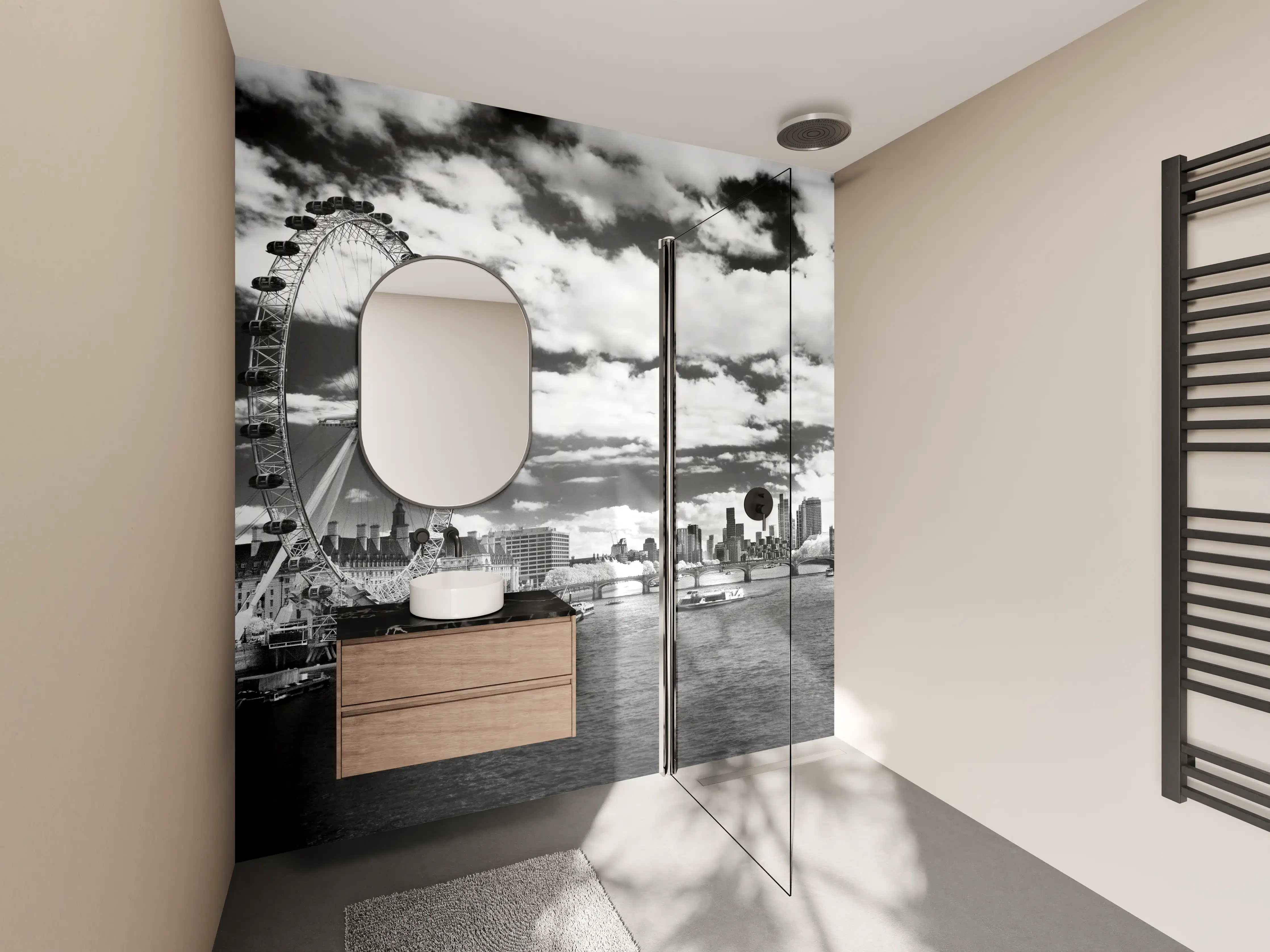 Wandverkleidung Bad - London Panorama in Schwarz-Weiß