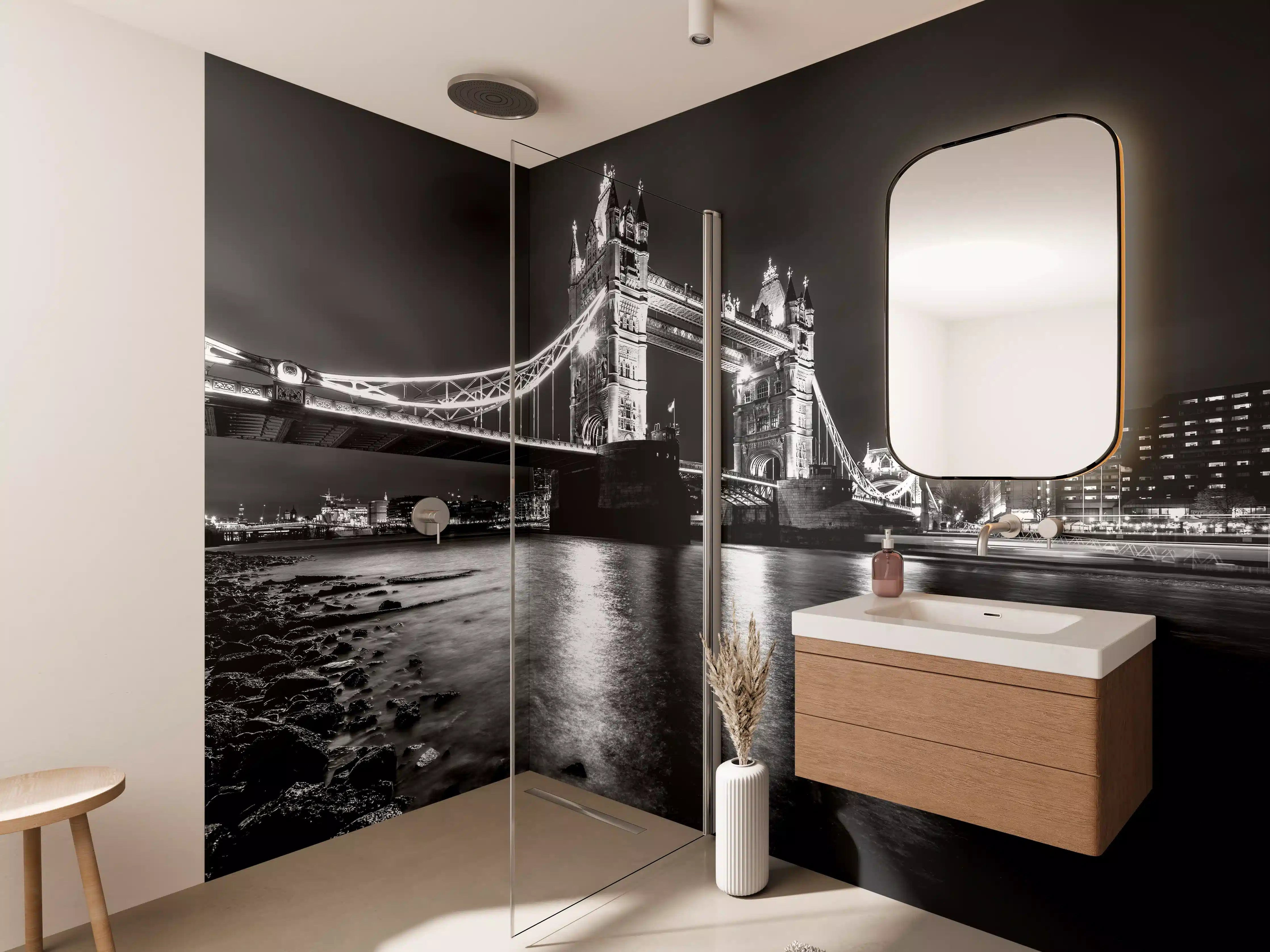 Wandverkleidung Bad - London Tower Bridge in Schwarzweiß