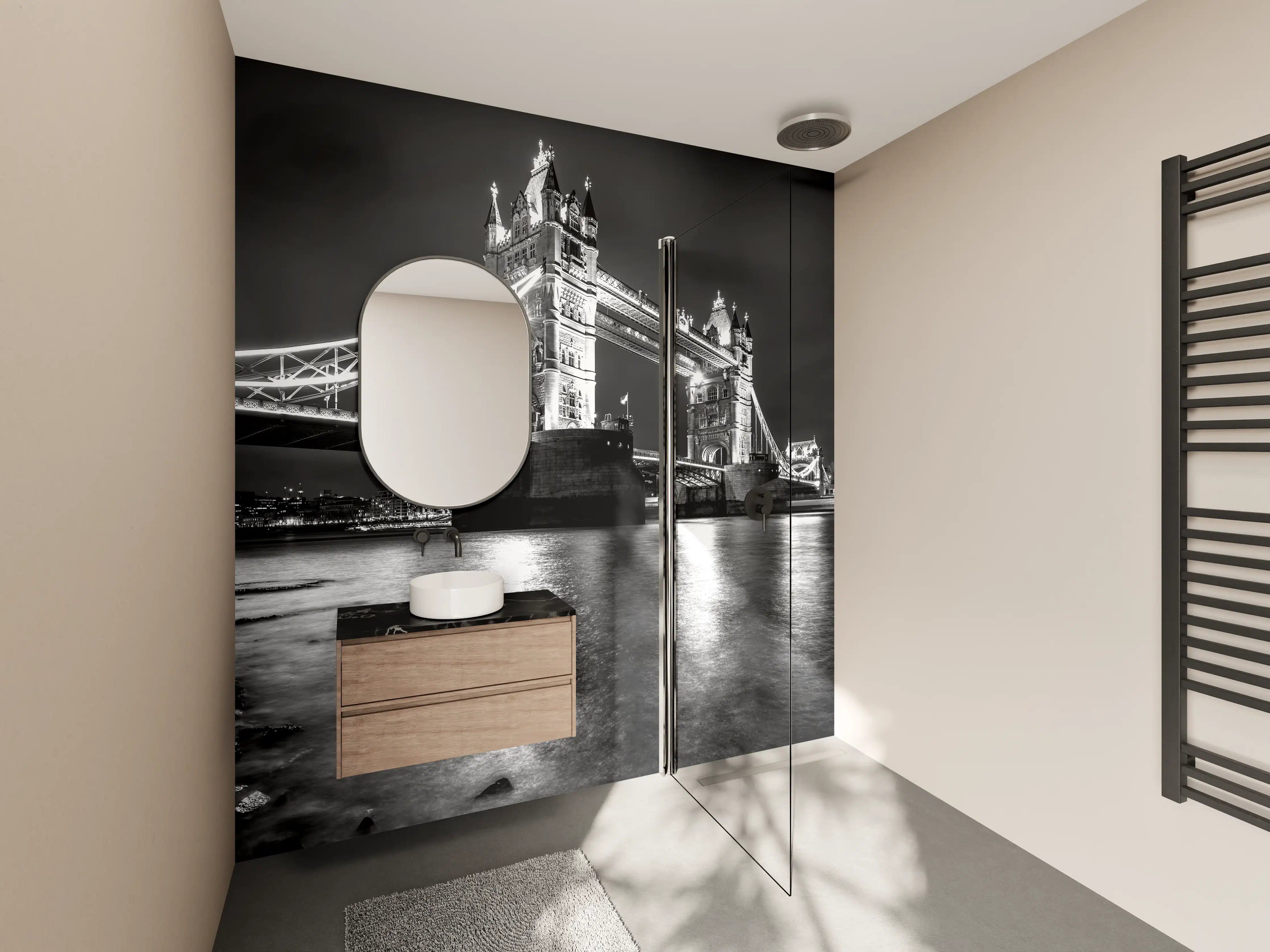 Wandverkleidung Bad - London Tower Bridge in Schwarzweiß