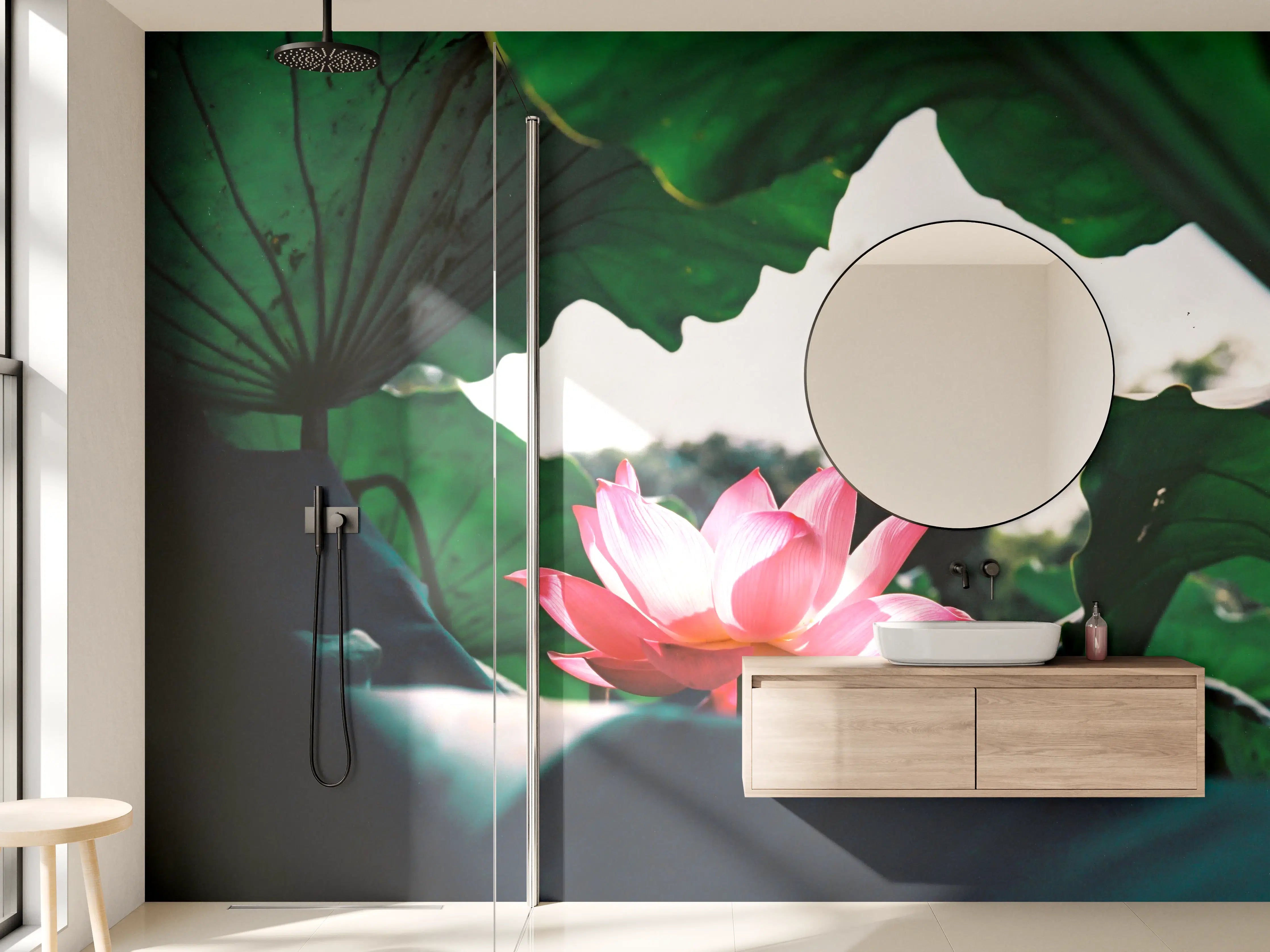 Wandverkleidung Bad - Lotosblume inmitten von Blättern