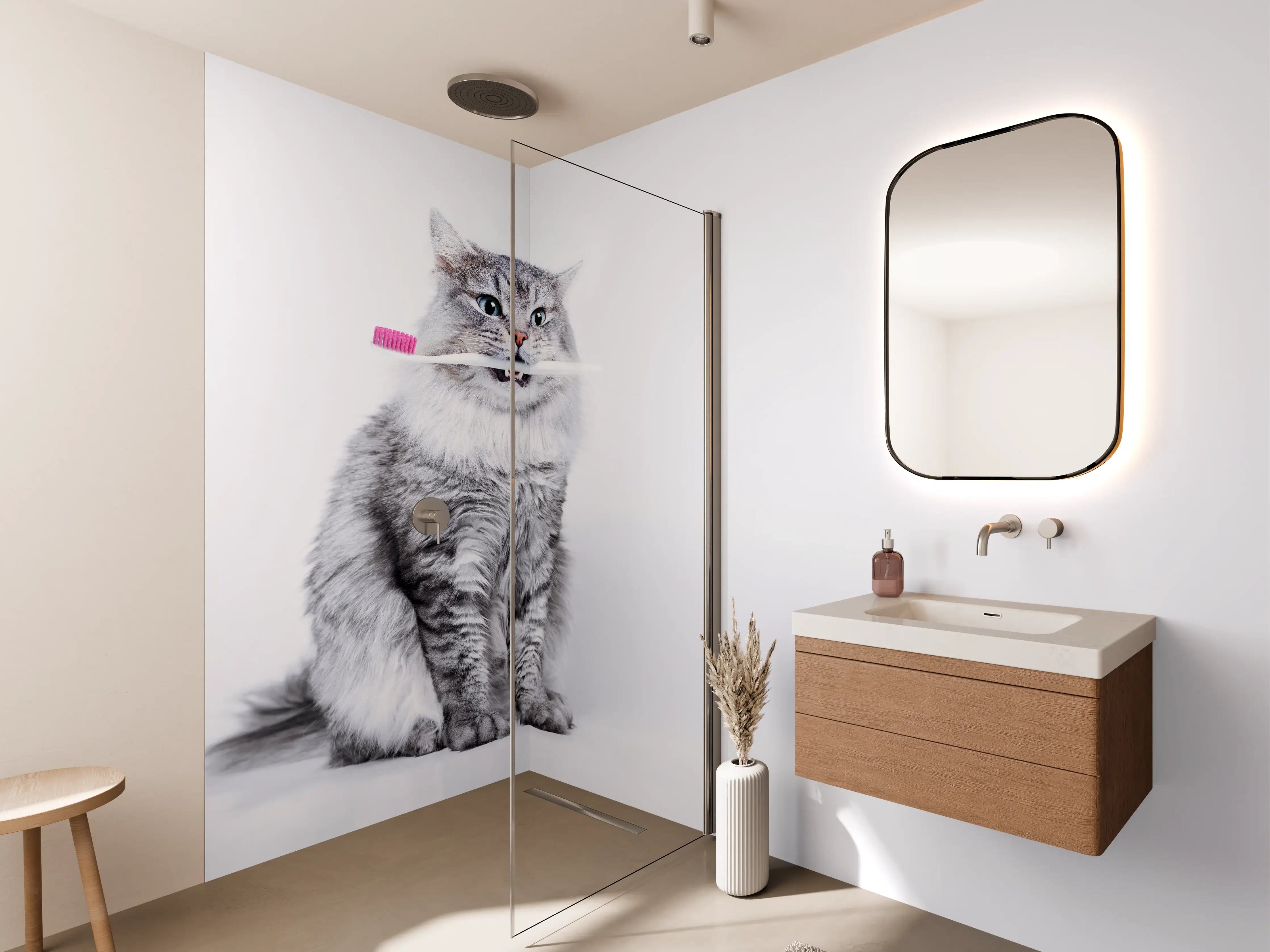 Wandverkleidung Bad - Lustige Katze mit Zahnbürste