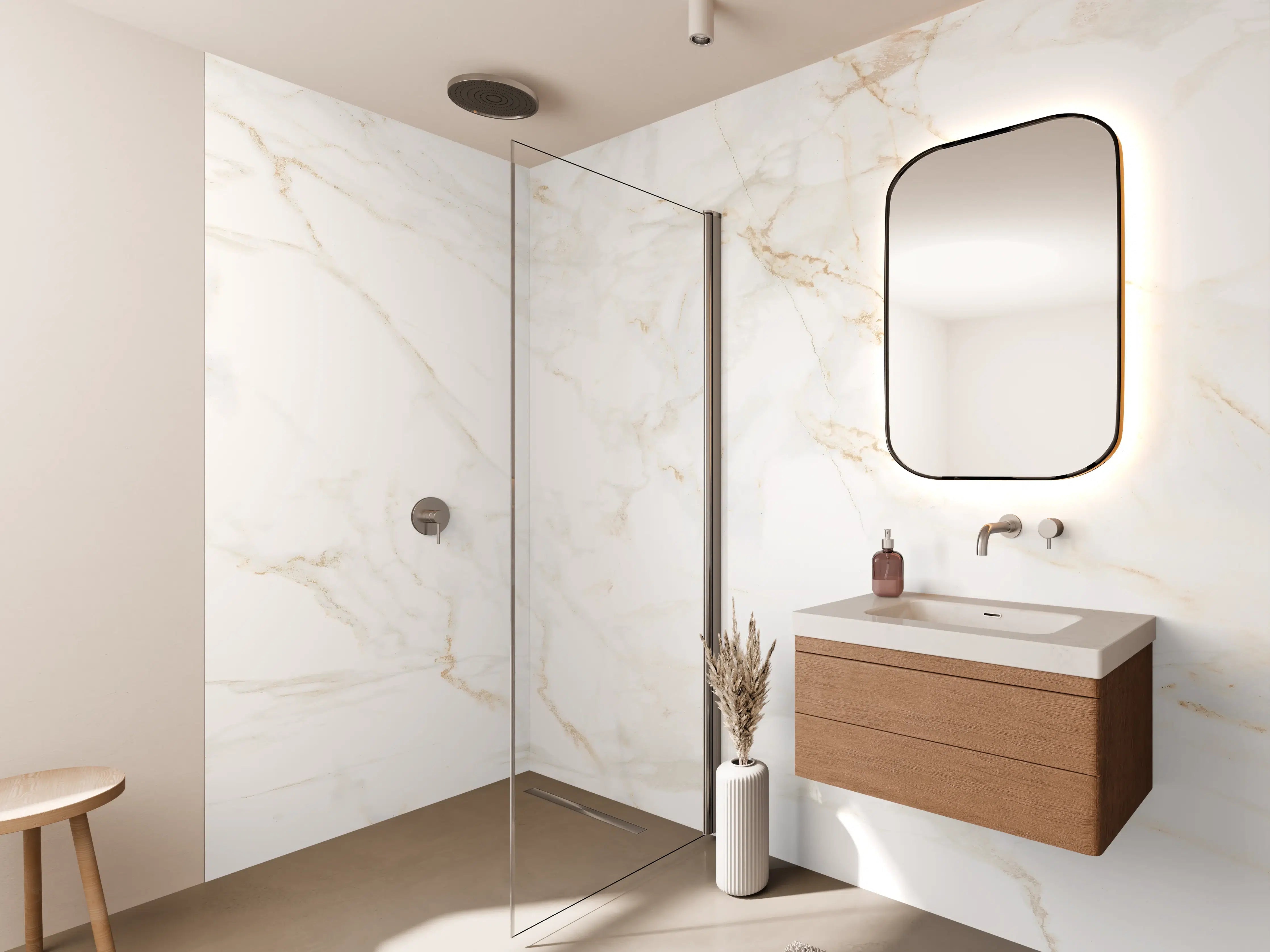 Wandverkleidung Bad - Luxuriöse Marmor-Textur in Cremeweiß mit goldenen Akzenten