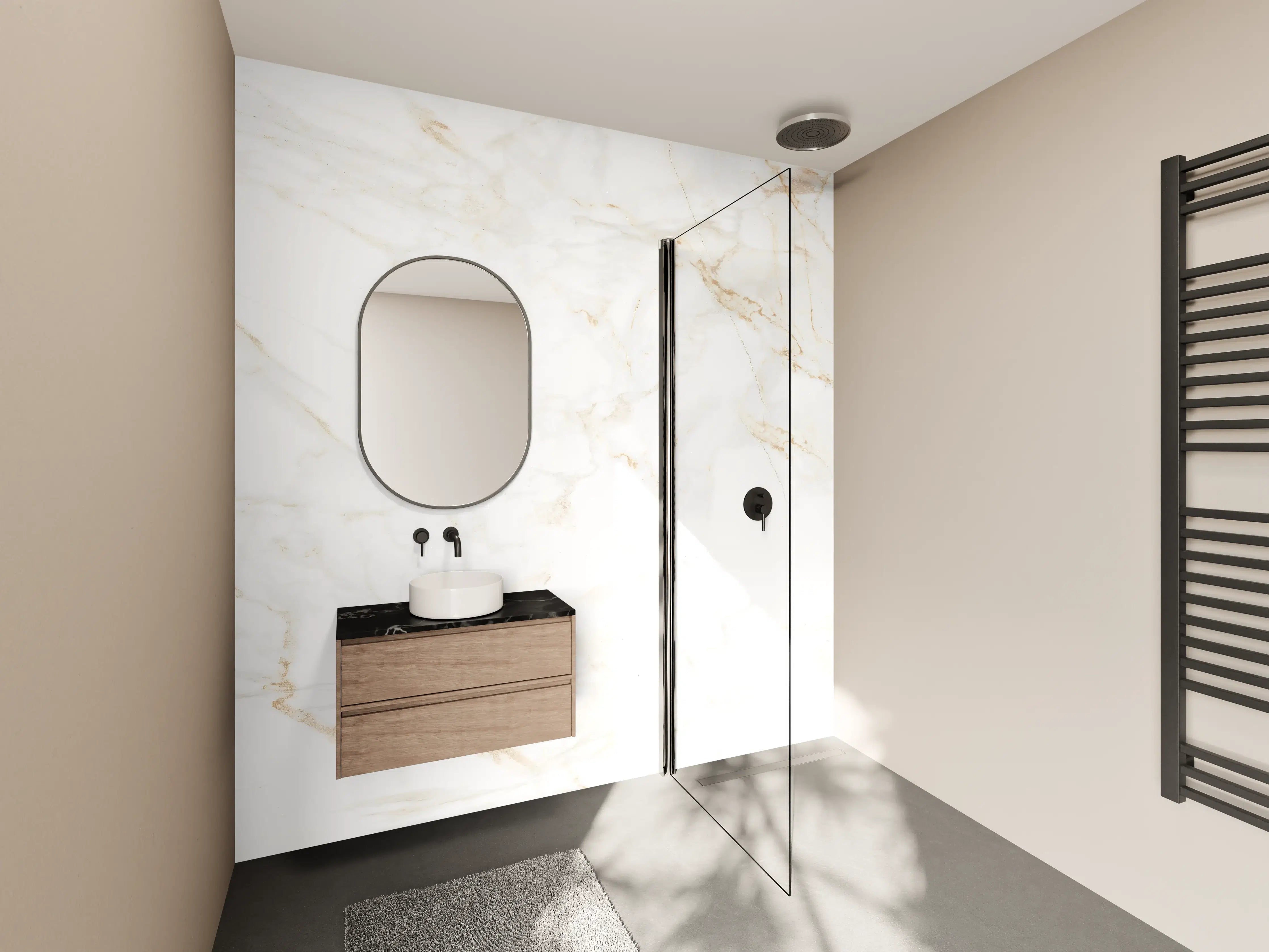 Wandverkleidung Bad - Luxuriöse Marmor-Textur in Cremeweiß mit goldenen Akzenten