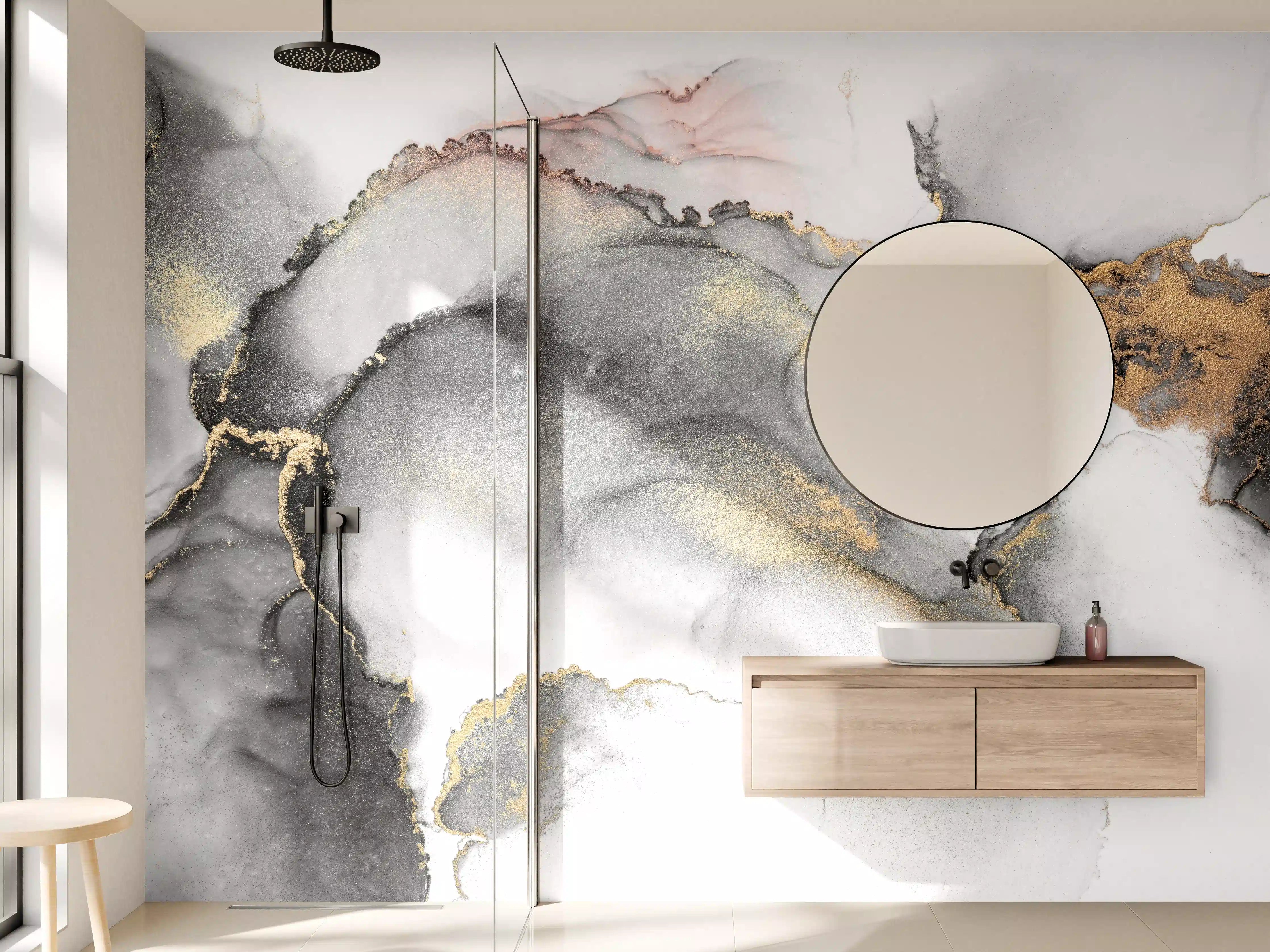 Wandverkleidung Bad - Luxuriöse Marmor-Textur in Grau-Gold-Weiß