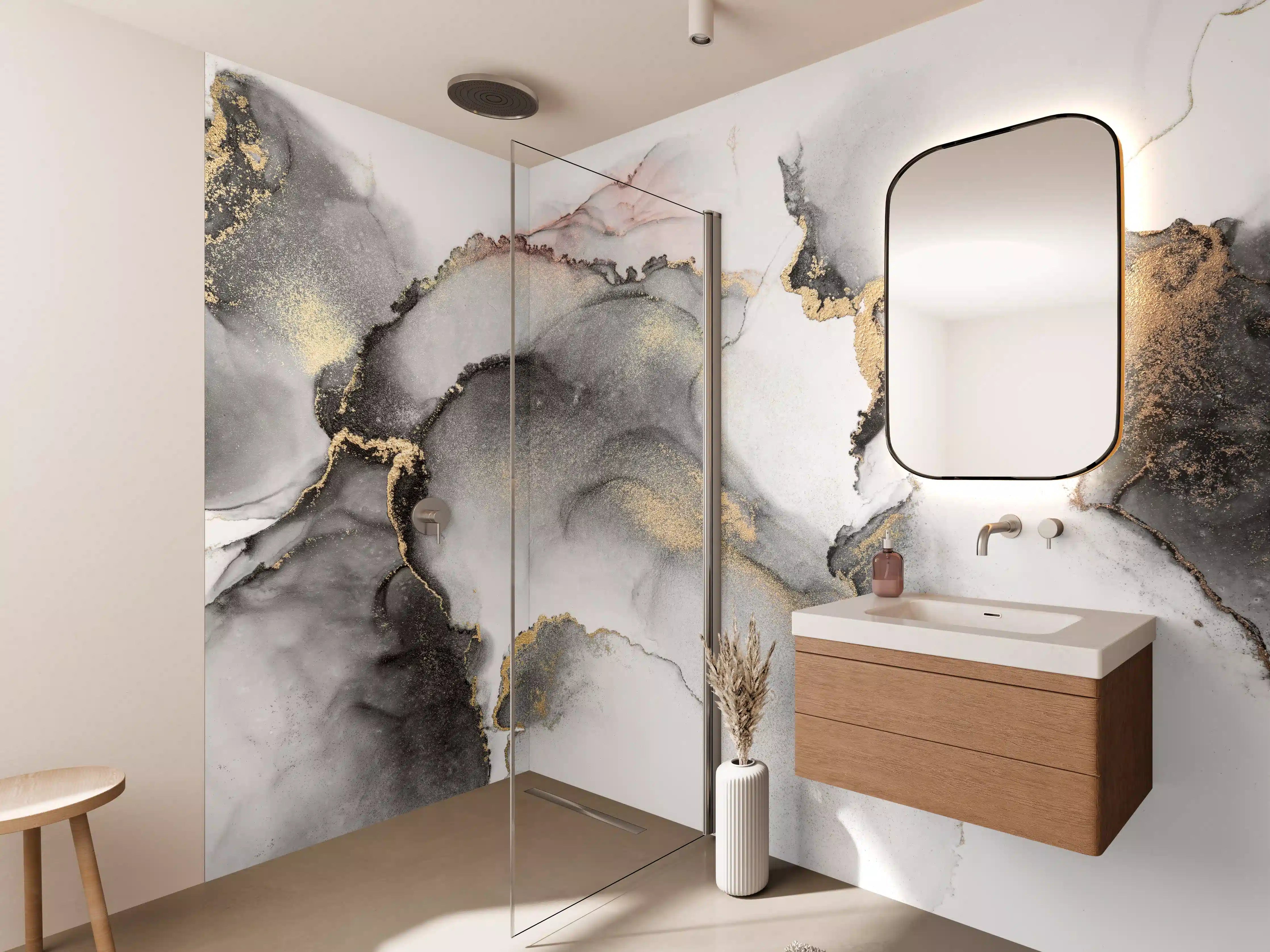 Wandverkleidung Bad - Luxuriöse Marmor-Textur in Grau-Gold-Weiß