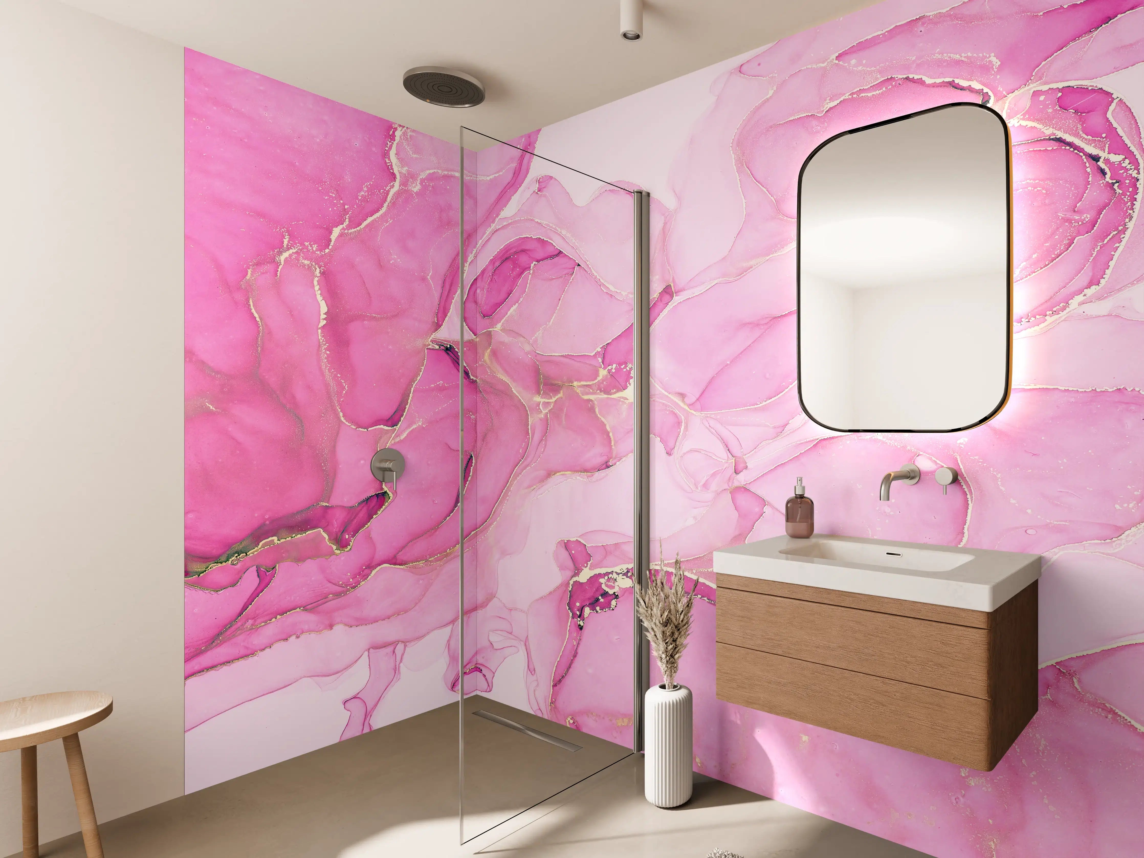 Wandverkleidung Bad - Luxuriöse Pink-Graue Marmorstruktur mit Goldakzenten