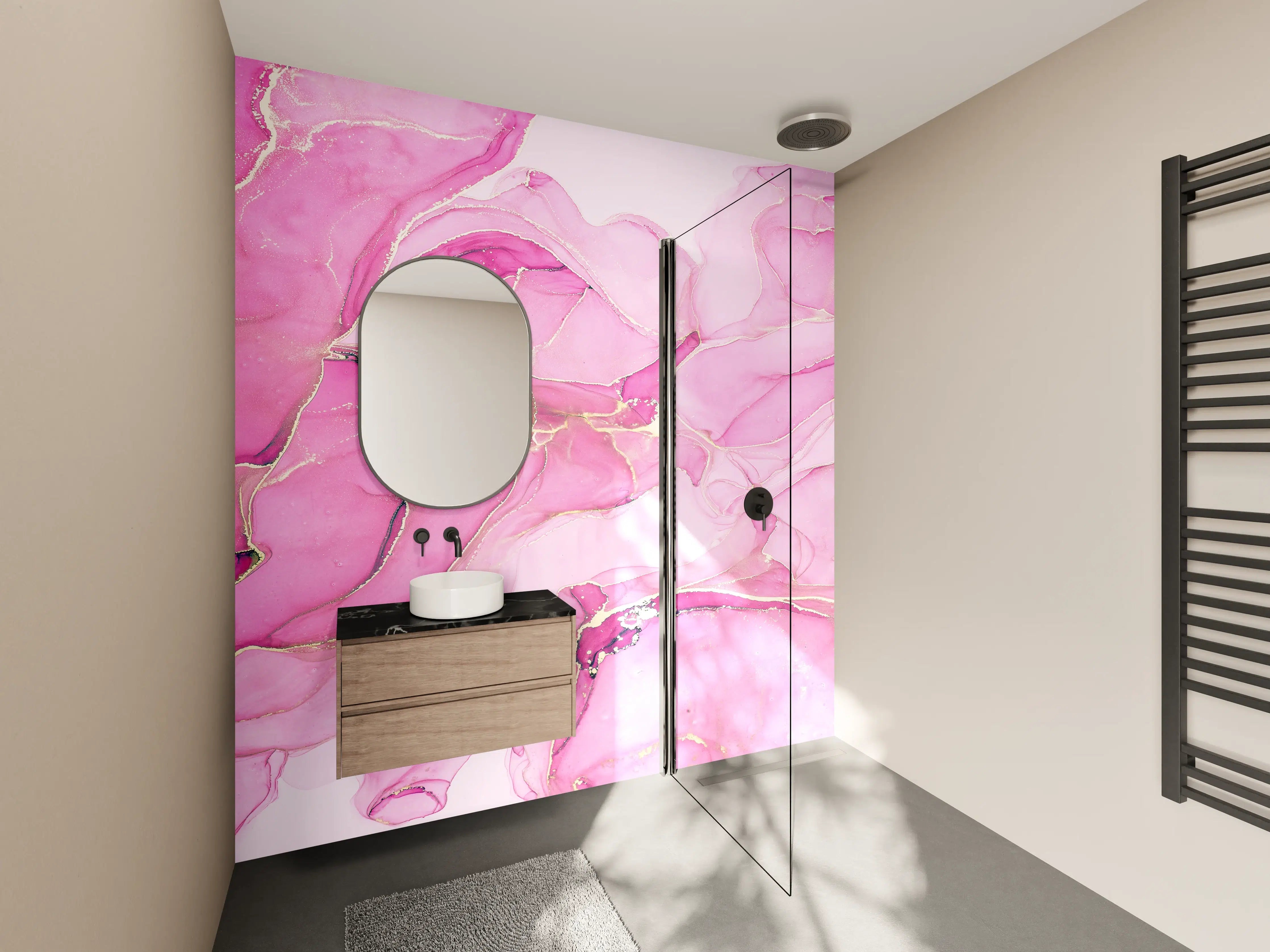 Wandverkleidung Bad - Luxuriöse Pink-Graue Marmorstruktur mit Goldakzenten