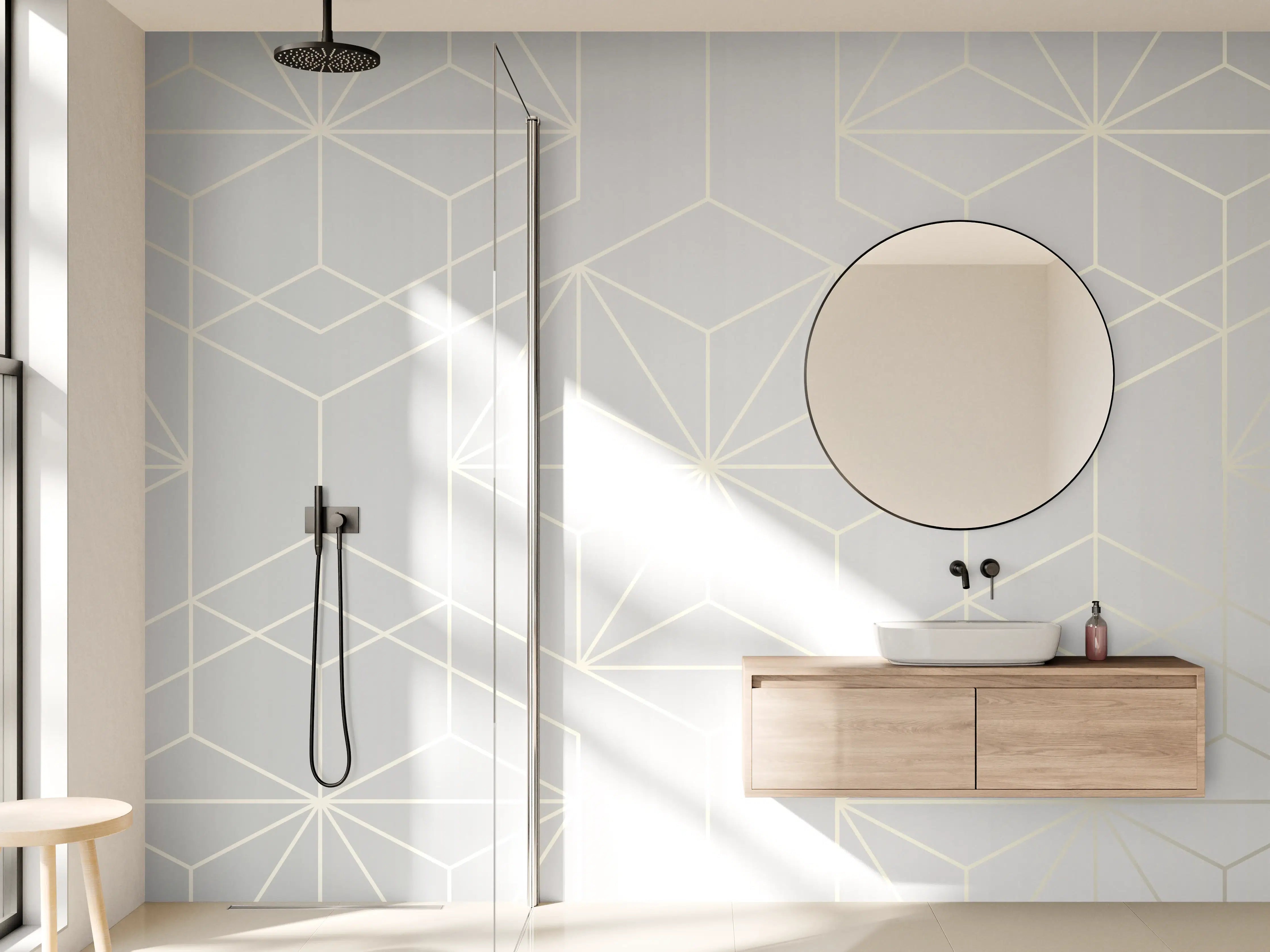 Wandverkleidung Bad - Luxuriöse geometrische Wandgestaltung in dezenten Grau- und Beigetönen