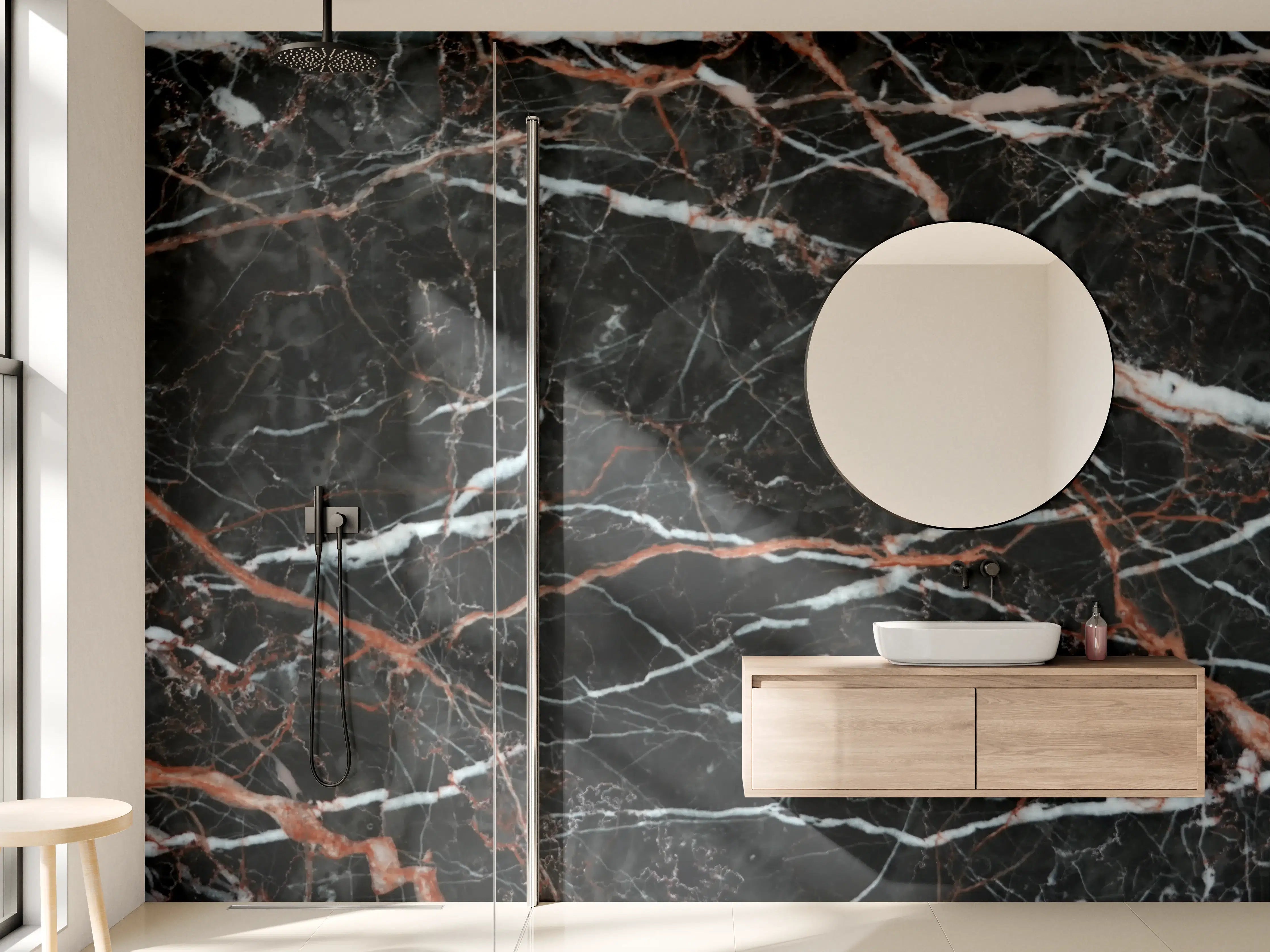 Wandverkleidung Bad - Luxuriöse schwarze Marmor-Textur mit weißen und kupferfarbenen Adern