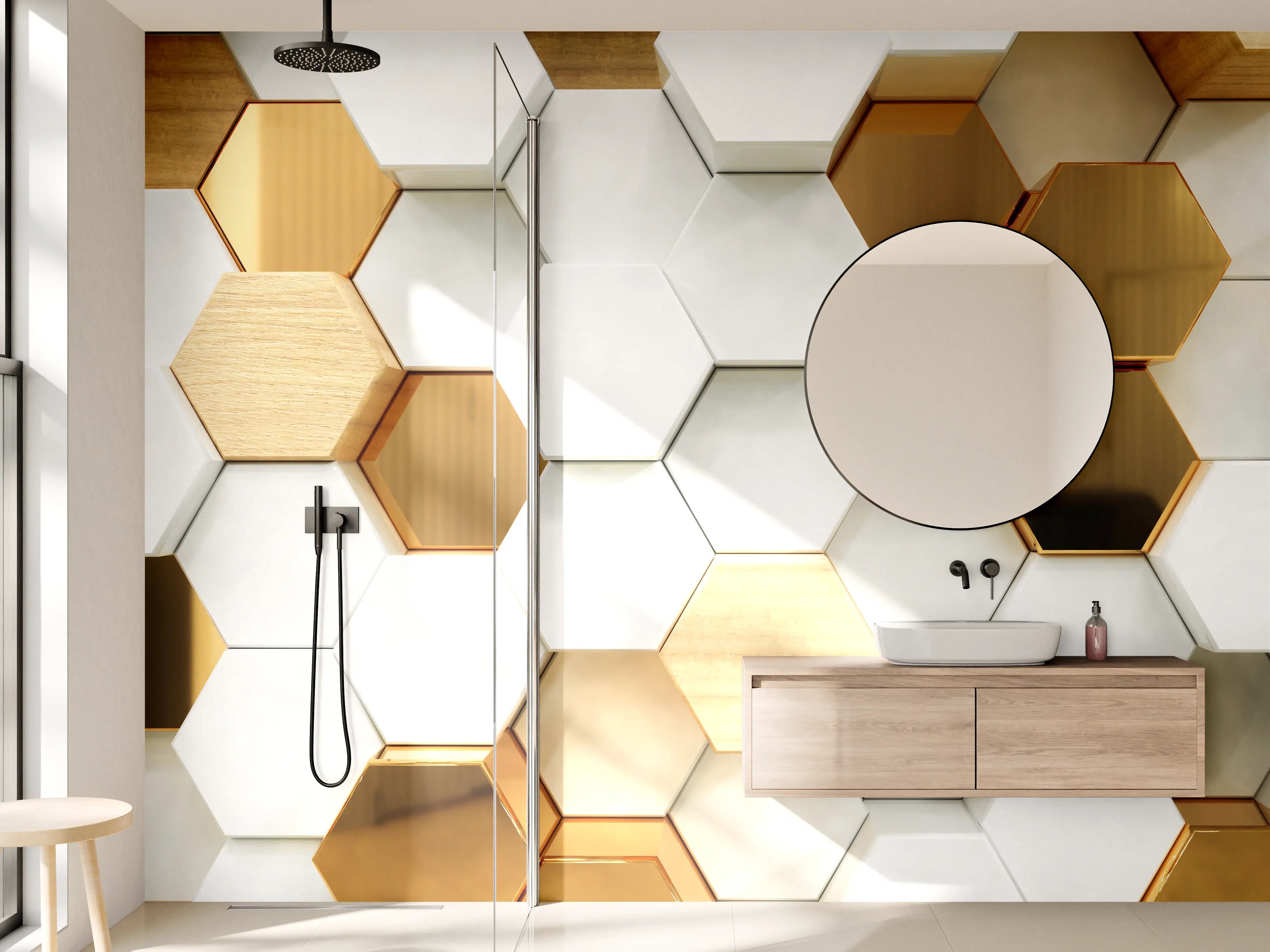 Wandverkleidung Bad - Luxuriöser Weiß-Gold-Hexagon-Hintergrund