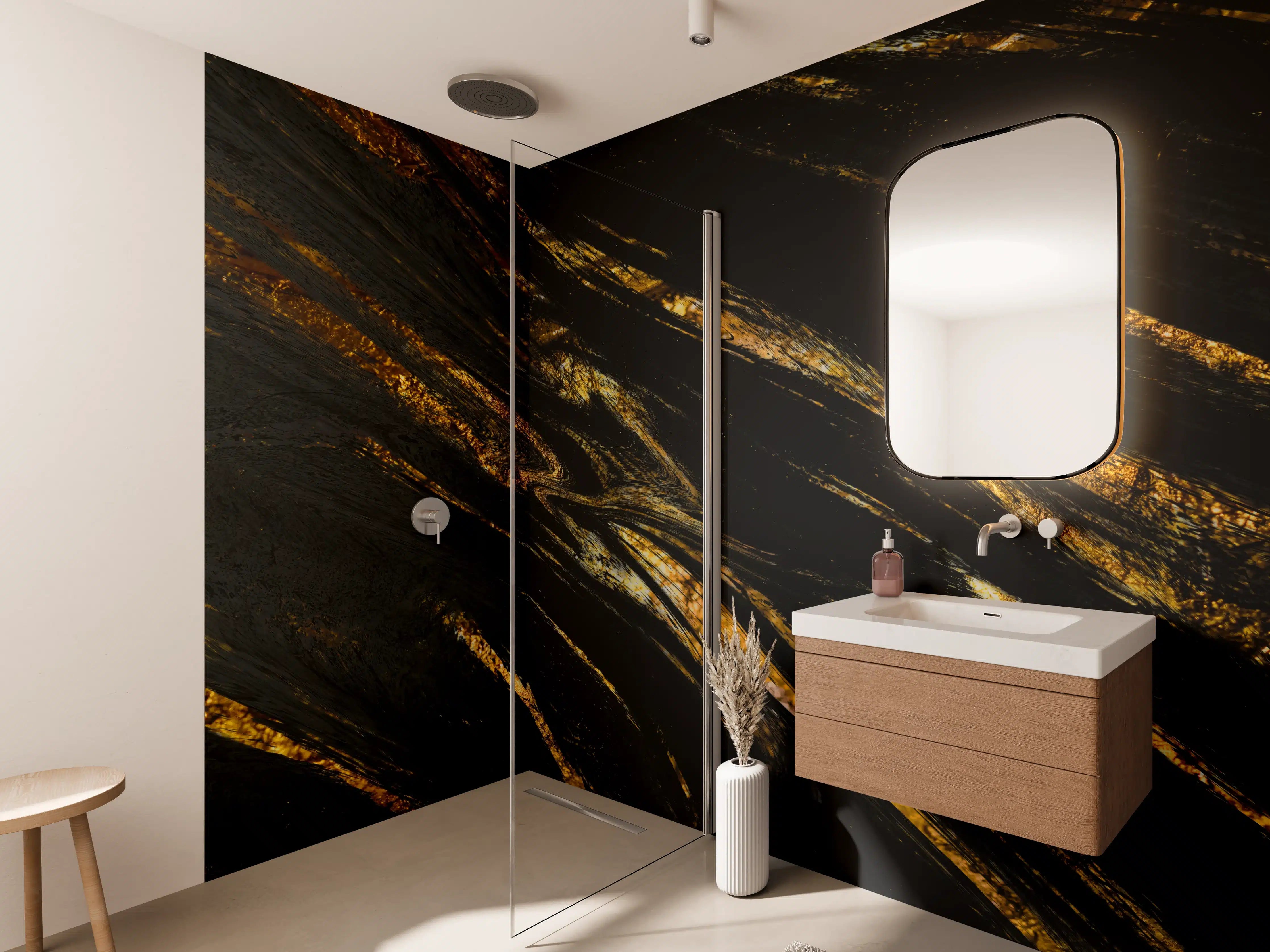 Wandverkleidung Bad - Luxus Gold Marmor-Holz Textur
