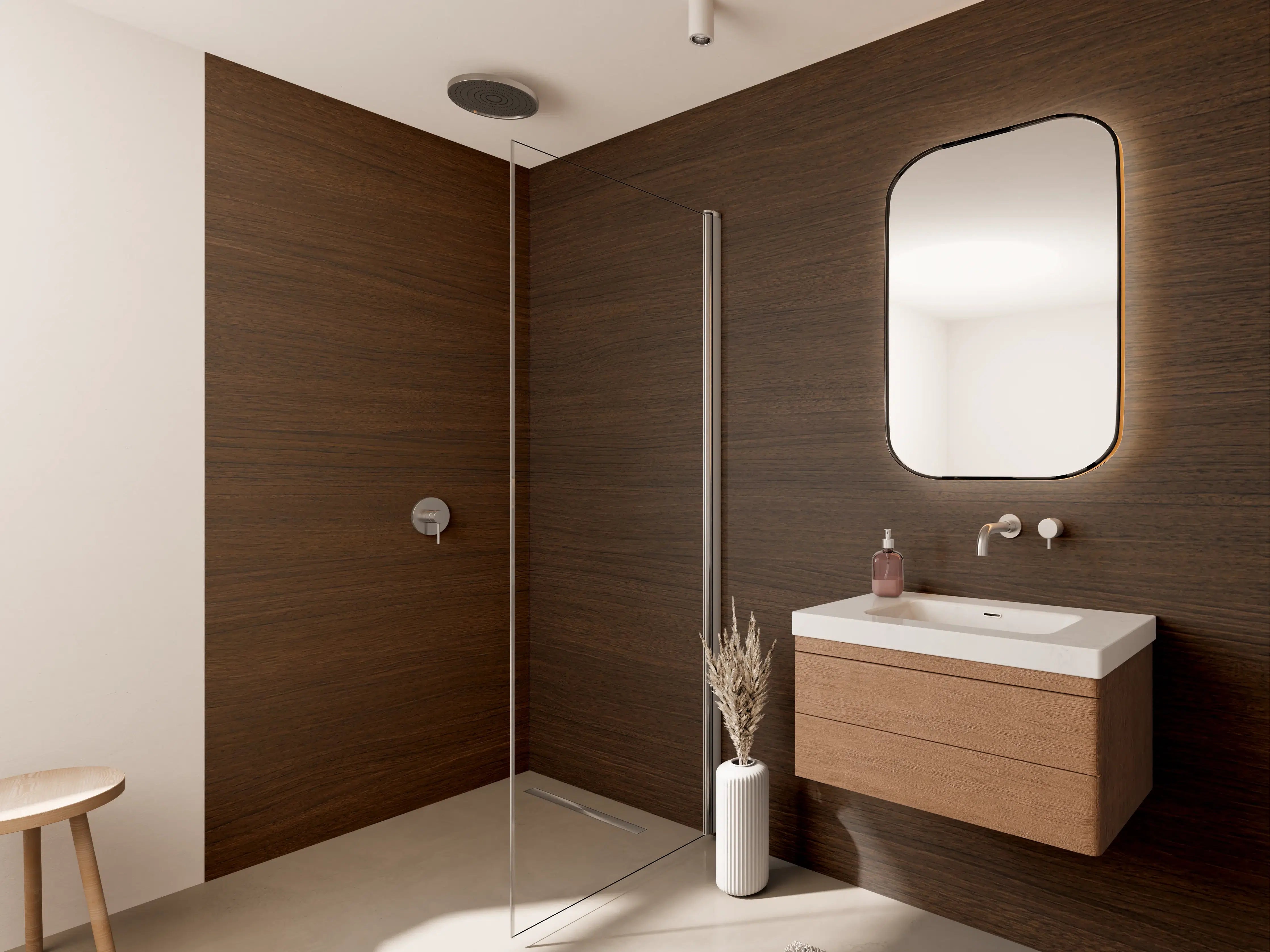 Wandverkleidung Bad - Luxus-Holzoptik in warmen Braunnuancen