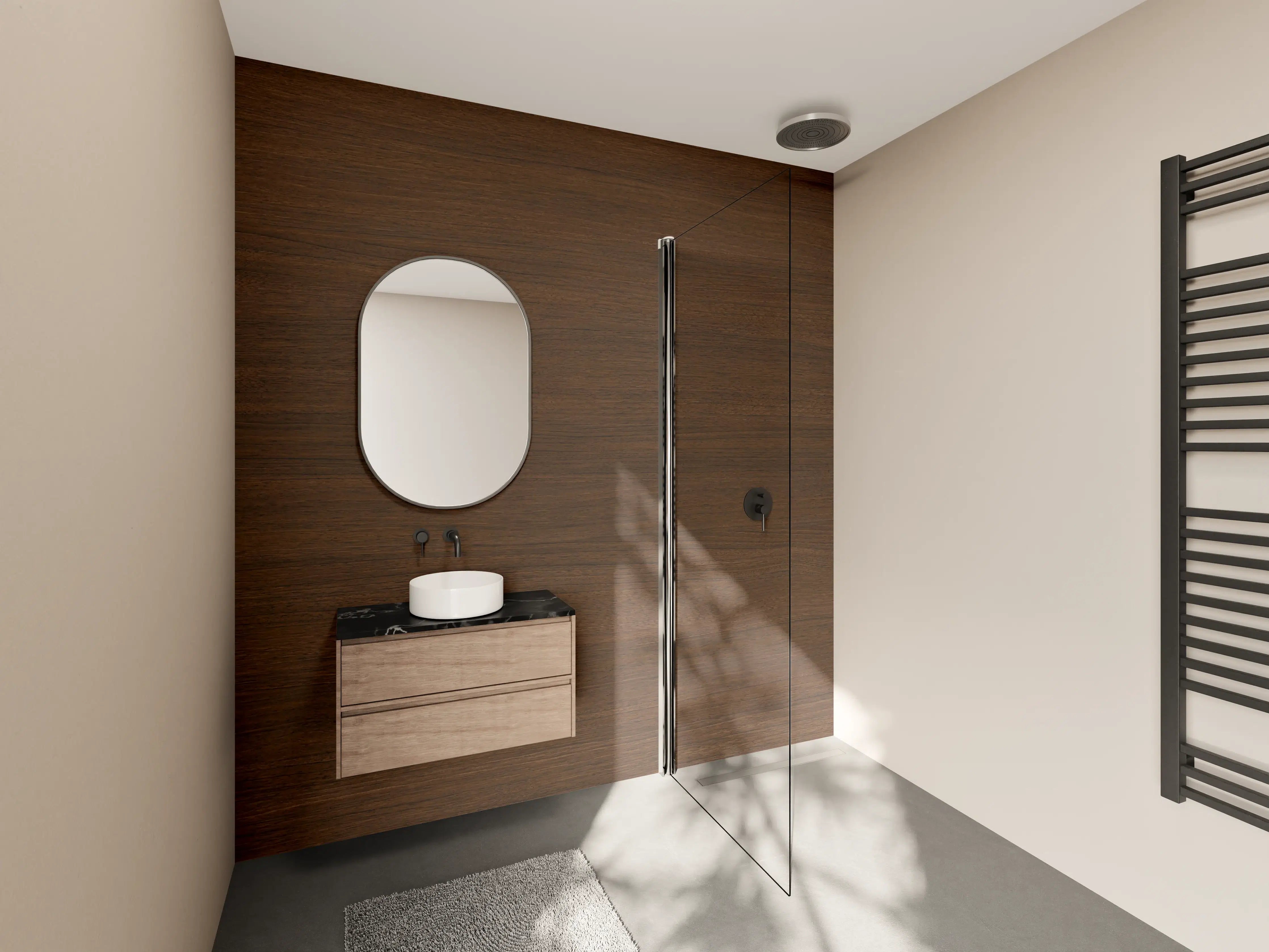 Wandverkleidung Bad - Luxus-Holzoptik in warmen Braunnuancen