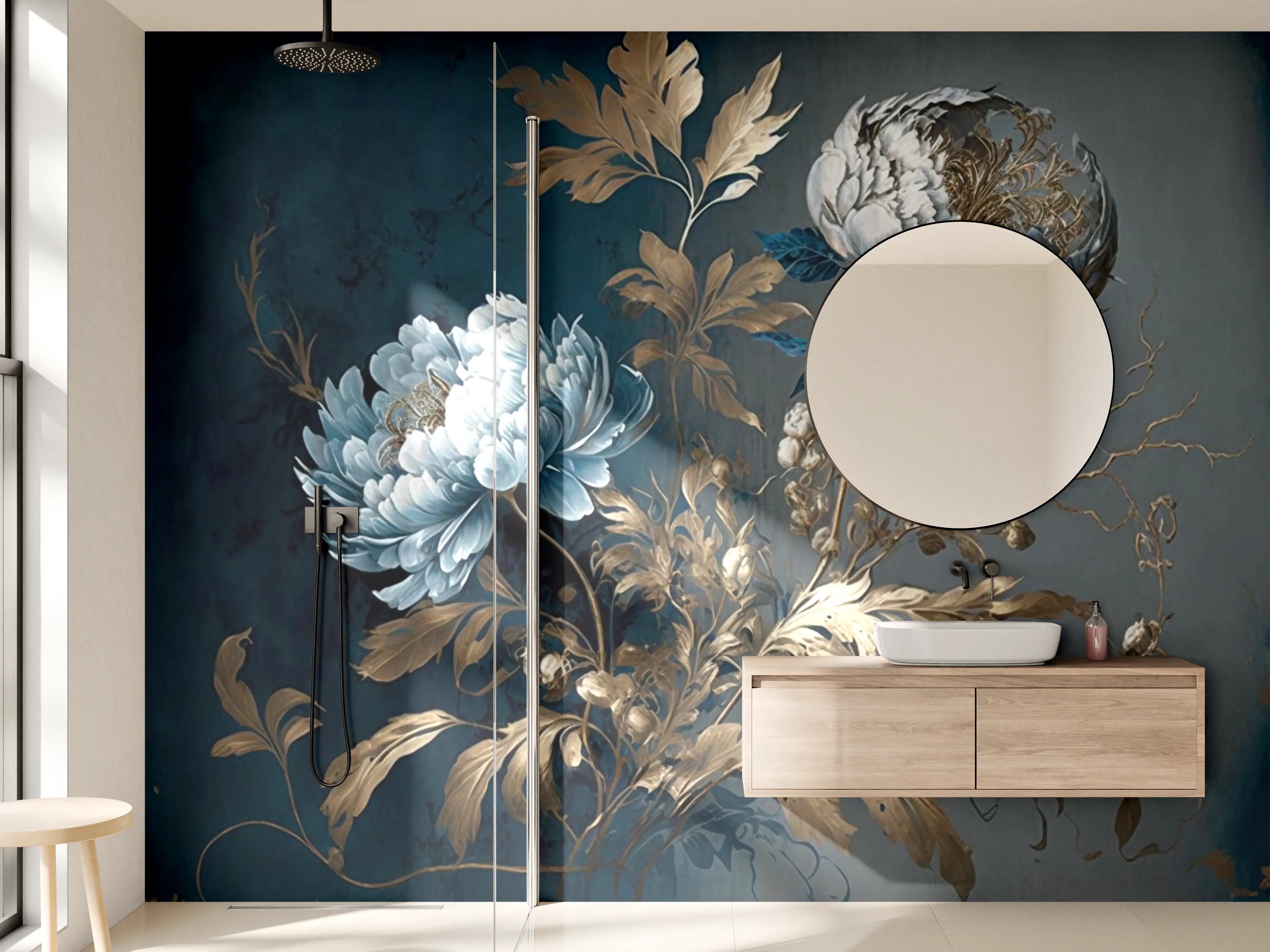 Wandverkleidung Bad - Luxus-Weiße Blumen mit Goldakzenten