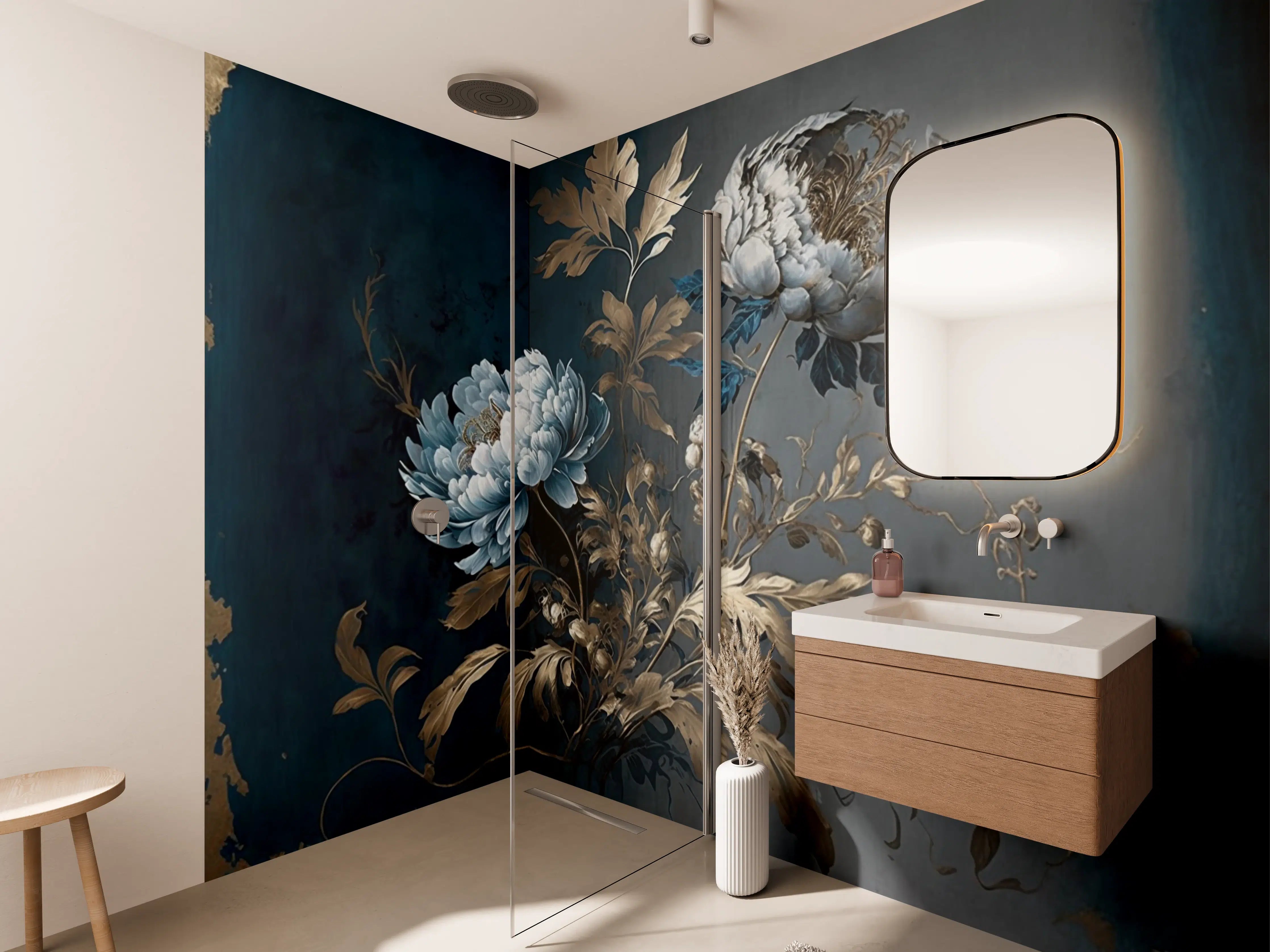 Wandverkleidung Bad - Luxus-Weiße Blumen mit Goldakzenten