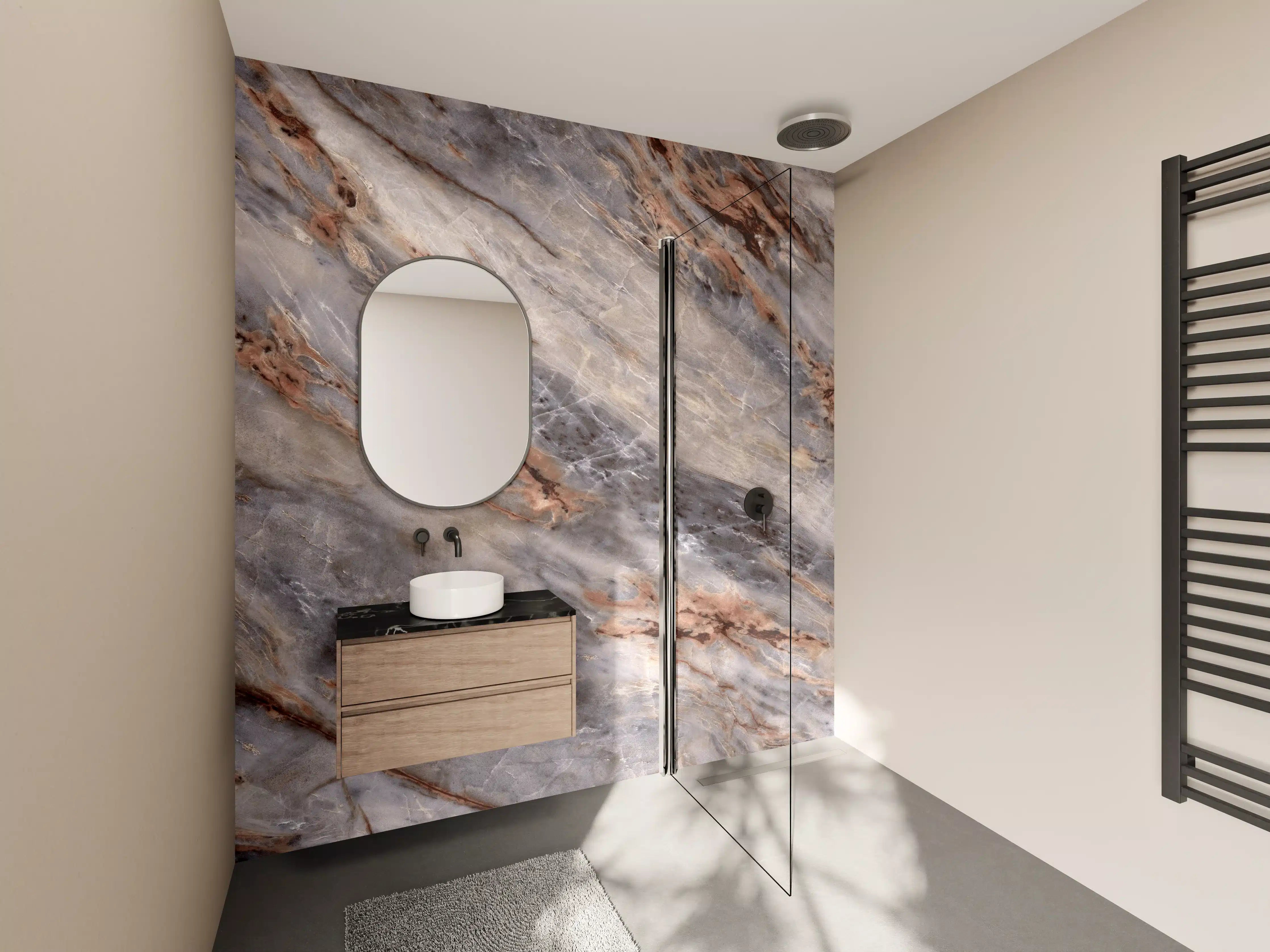 Wandverkleidung Bad - Luxus-Weiße Marmor-Textur mit Grau- und Copper-Akzenten