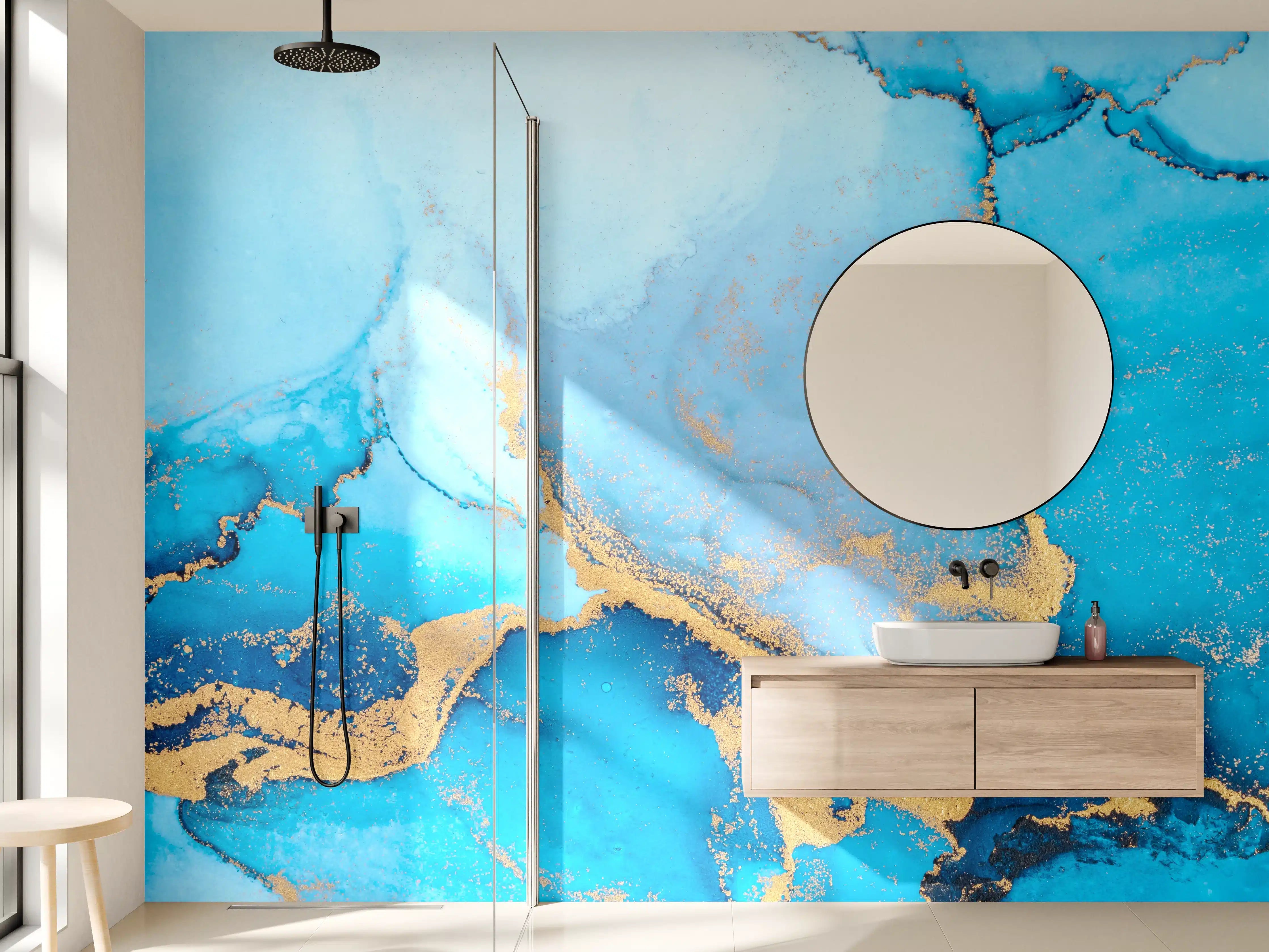 Wandverkleidung Bad - Luxus blau mit goldenem Stich - Tintenmalerei
