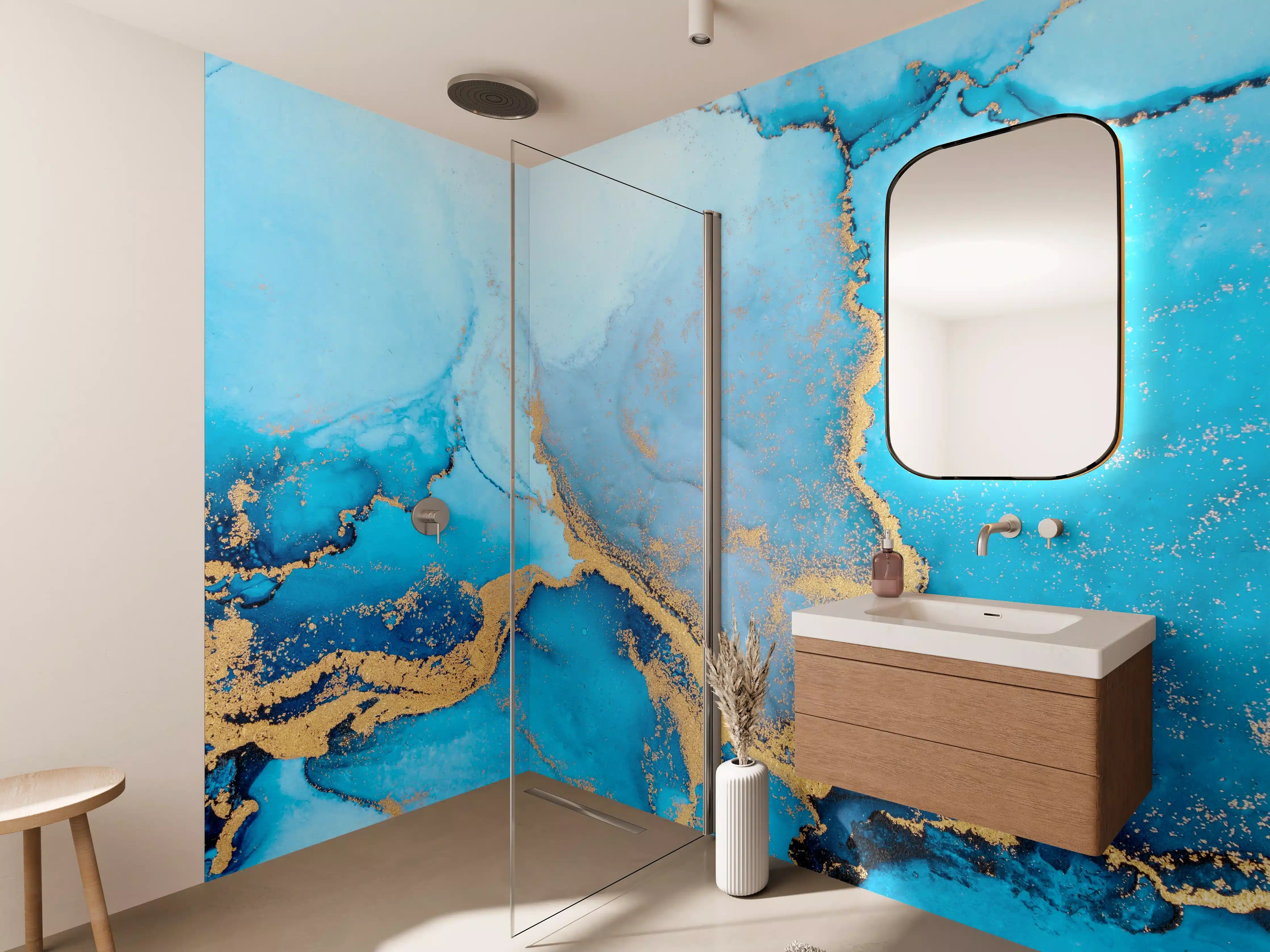 Wandverkleidung Bad - Luxus blau mit goldenem Stich - Tintenmalerei