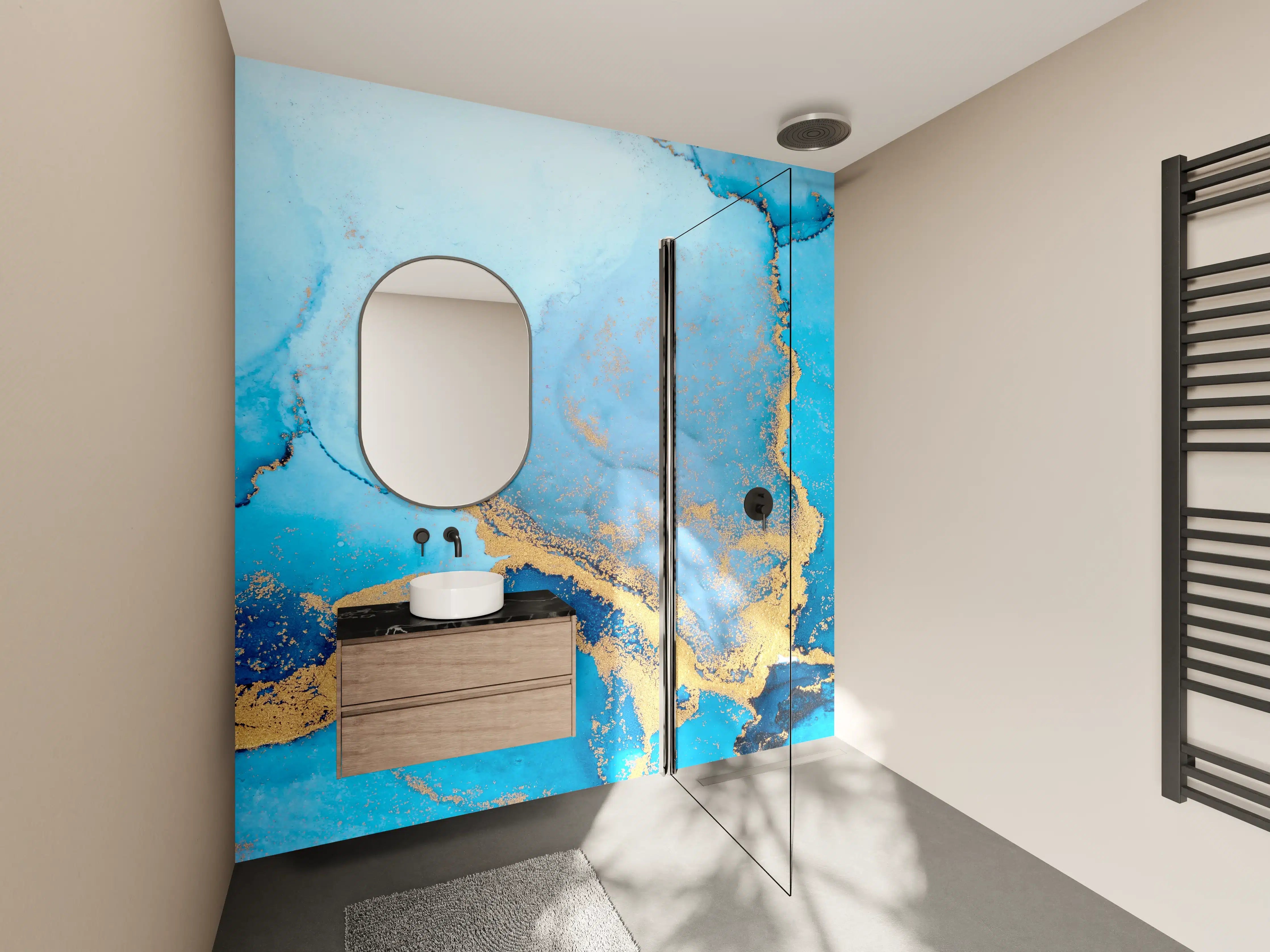 Wandverkleidung Bad - Luxus blau mit goldenem Stich - Tintenmalerei
