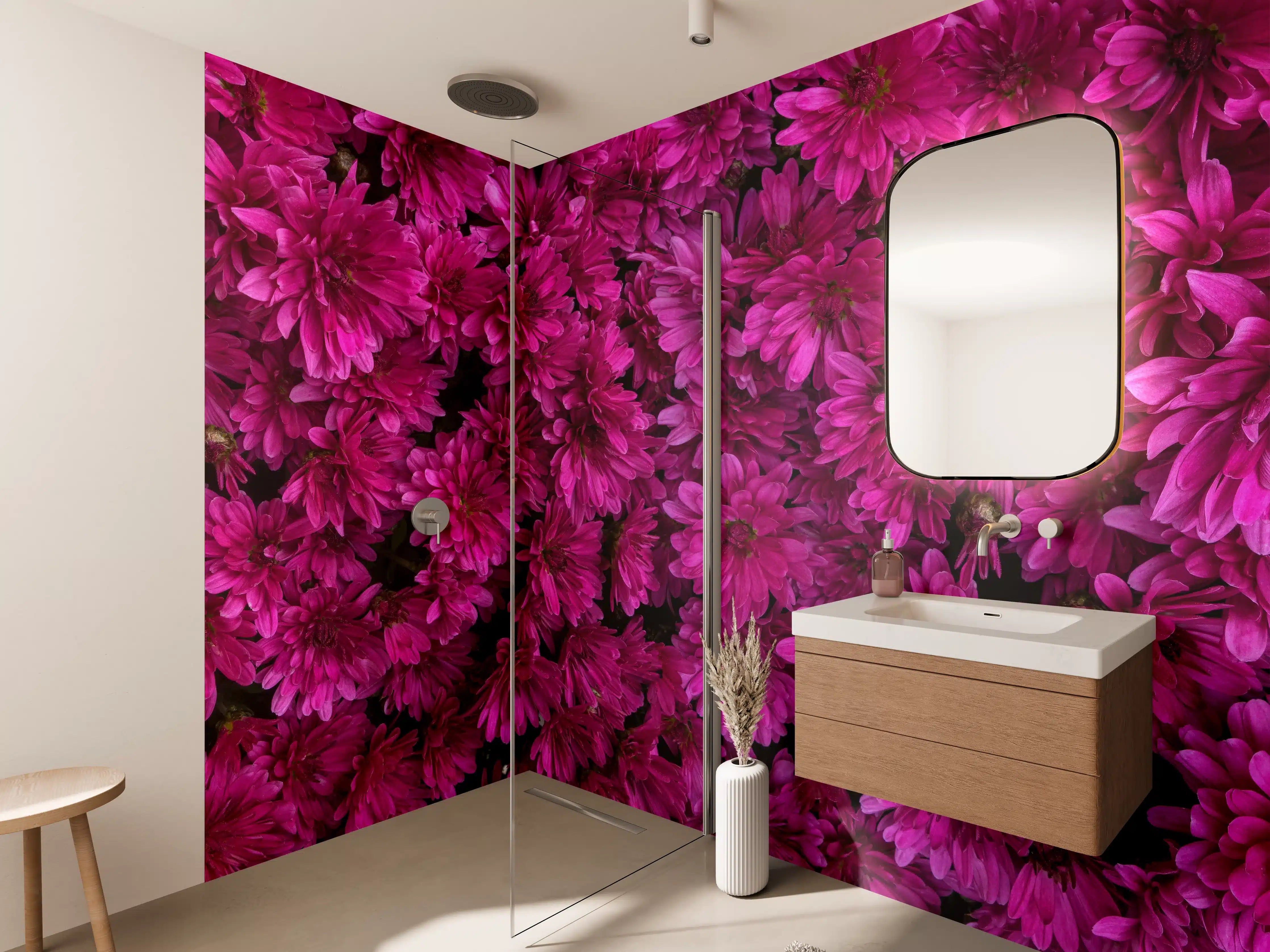 Wandverkleidung Bad - Magenta Blüten von Chrysanthemen