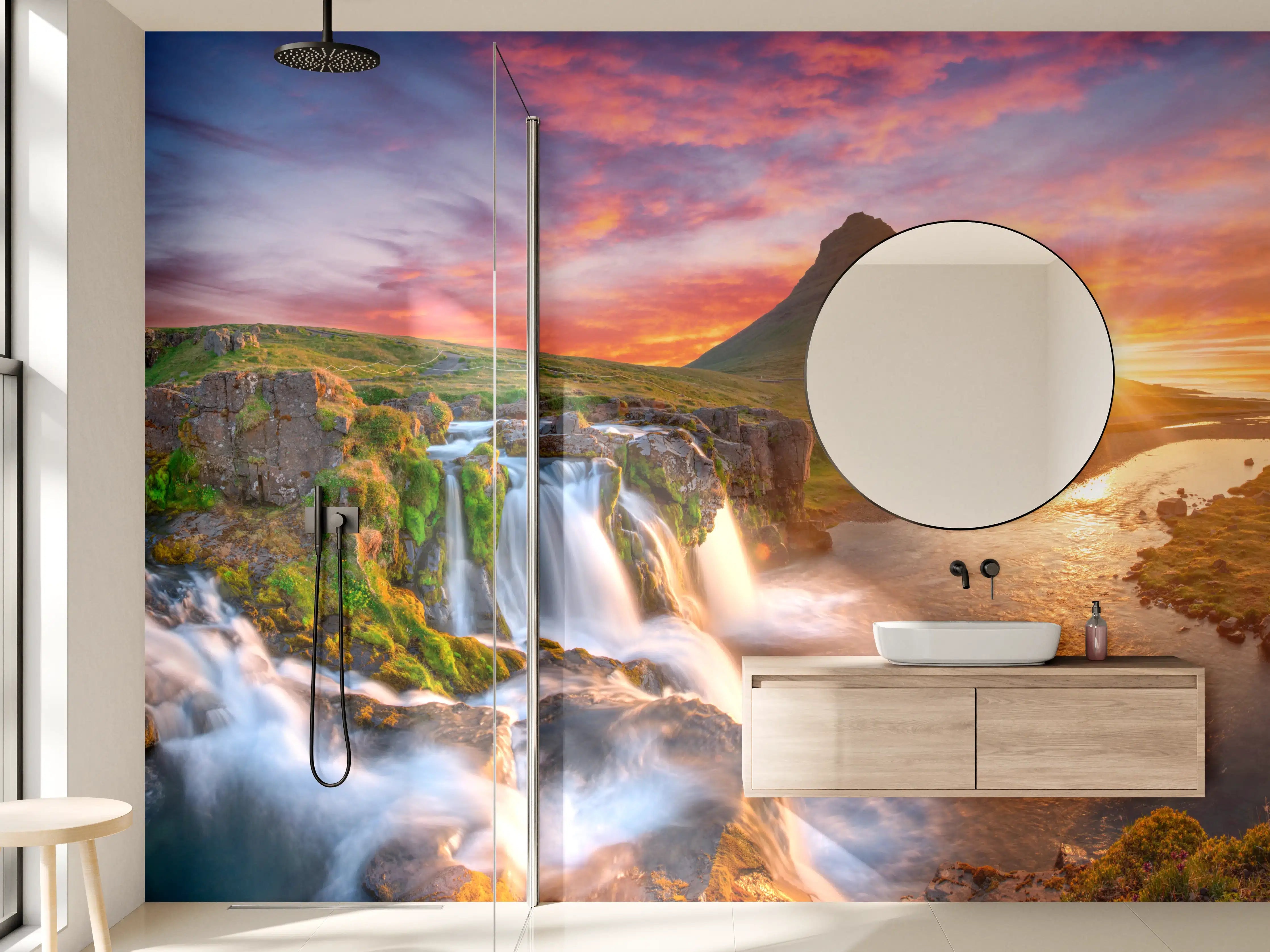 Wandverkleidung Bad - Magischer Wasserfall bei Sonnenaufgang