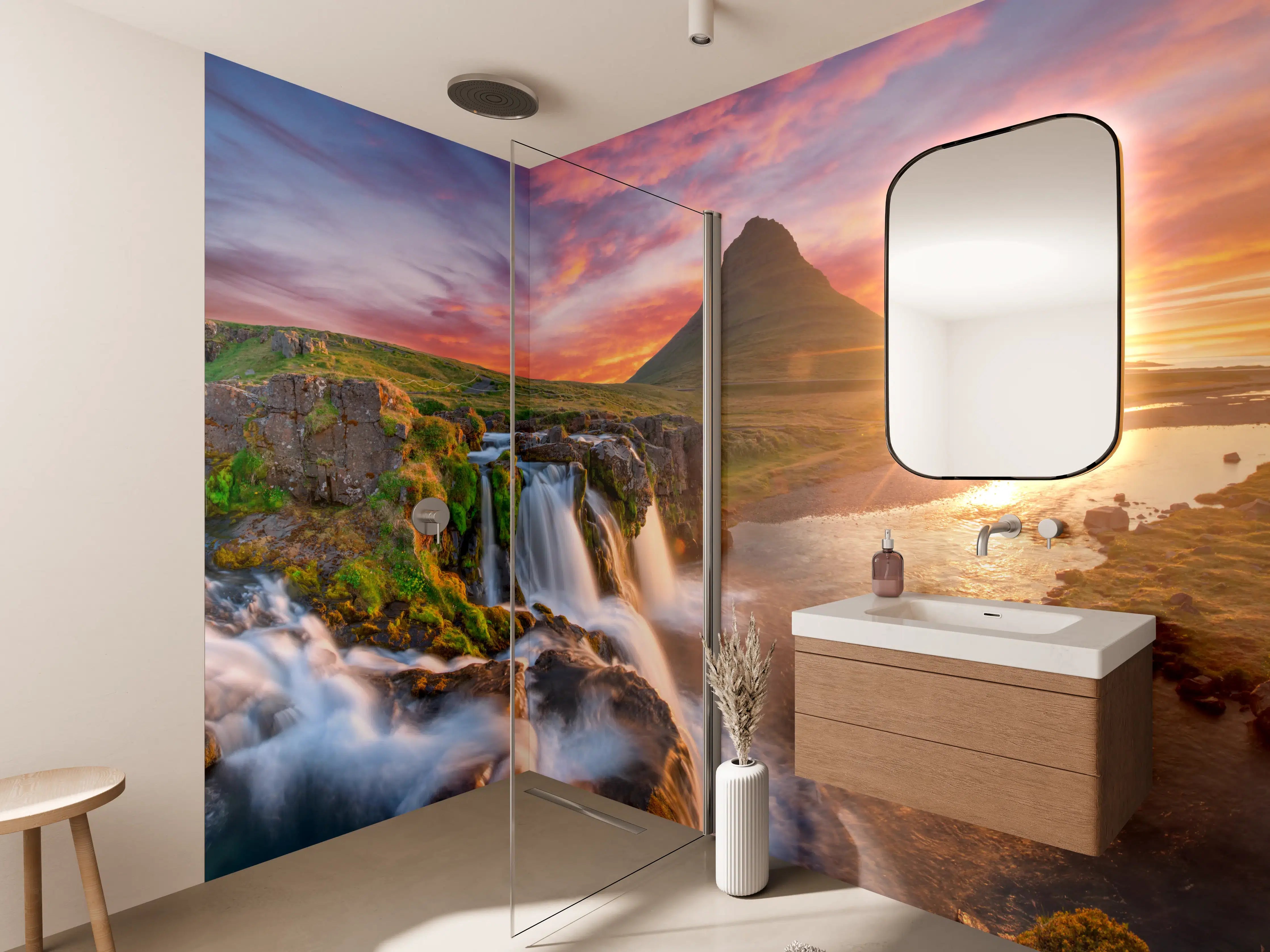 Wandverkleidung Bad - Magischer Wasserfall bei Sonnenaufgang