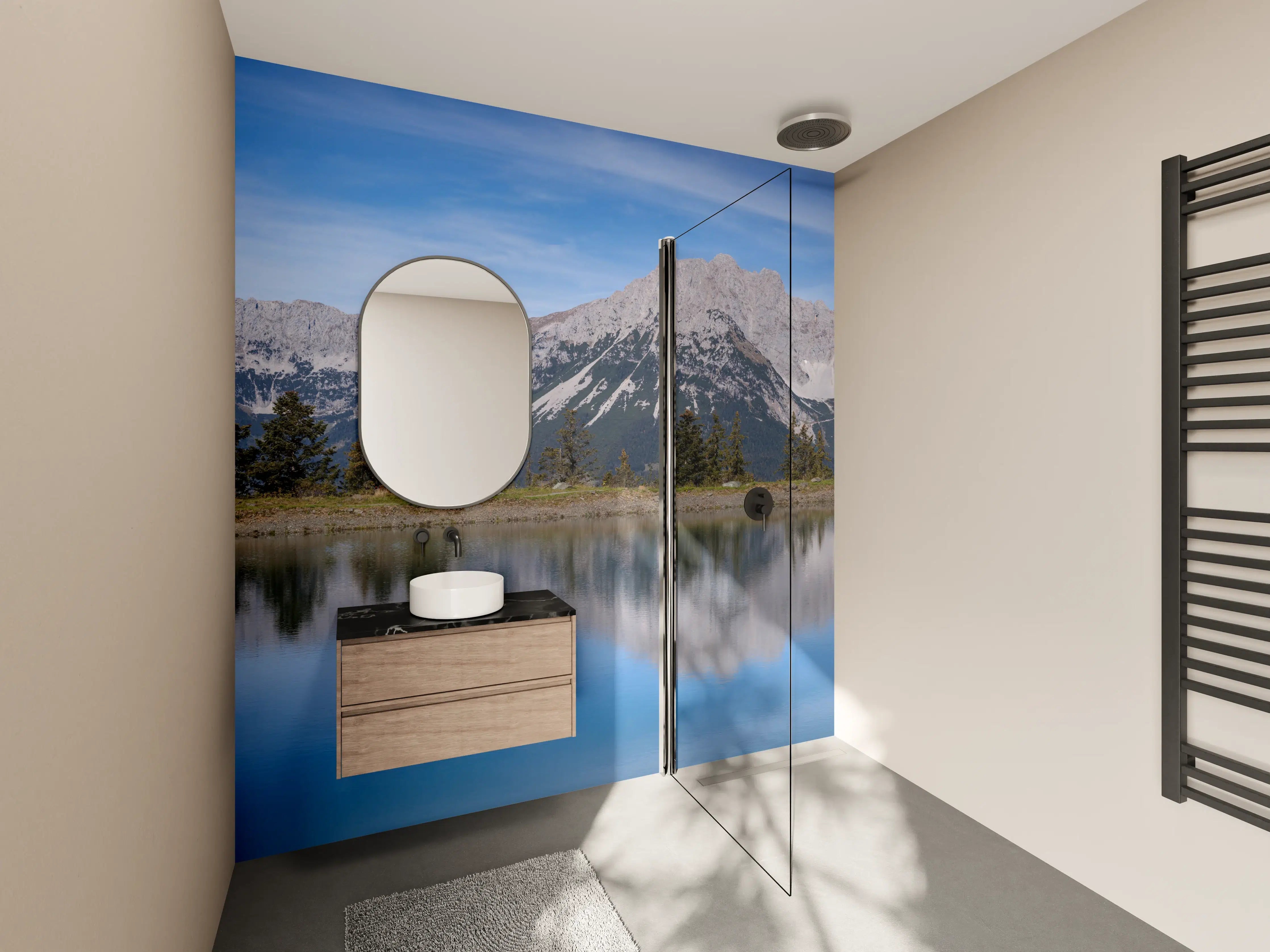 Wandverkleidung Bad - Majestätische Bergkulisse am See