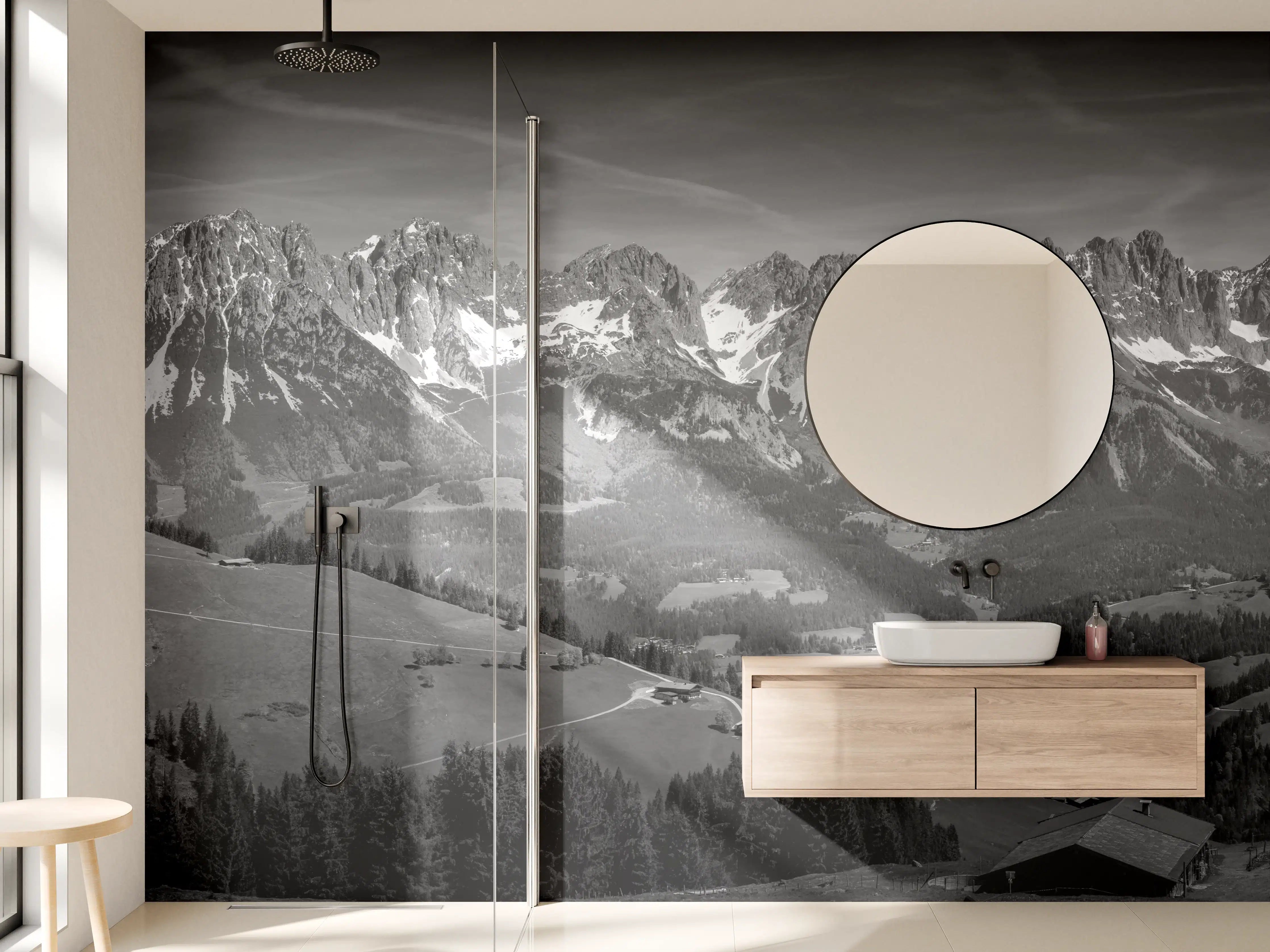 Wandverkleidung Bad - Majestätische Berglandschaft im Schwarzweiß
