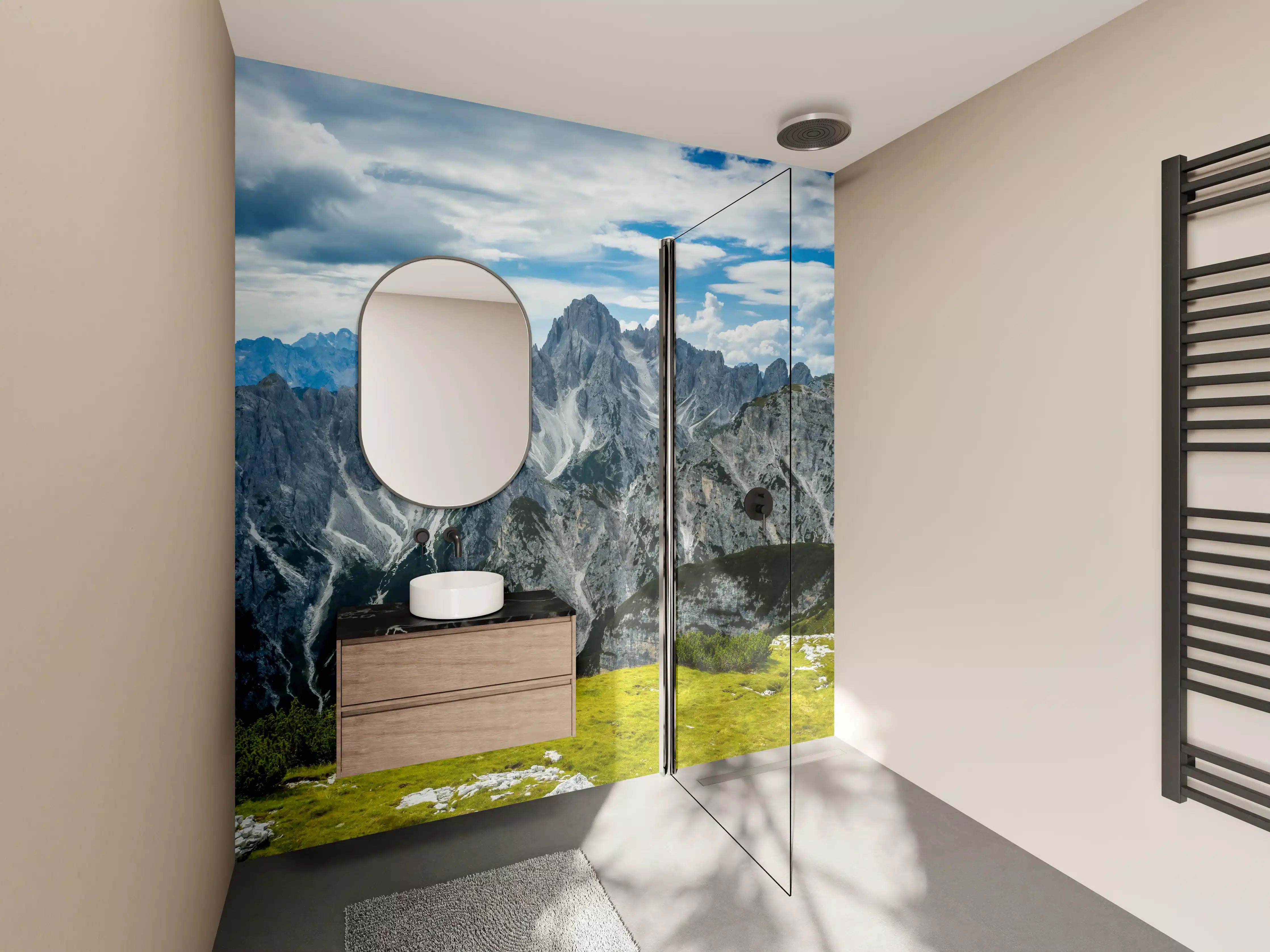 Wandverkleidung Bad - Majestätische Berglandschaft mit Gipfeln und Wolken