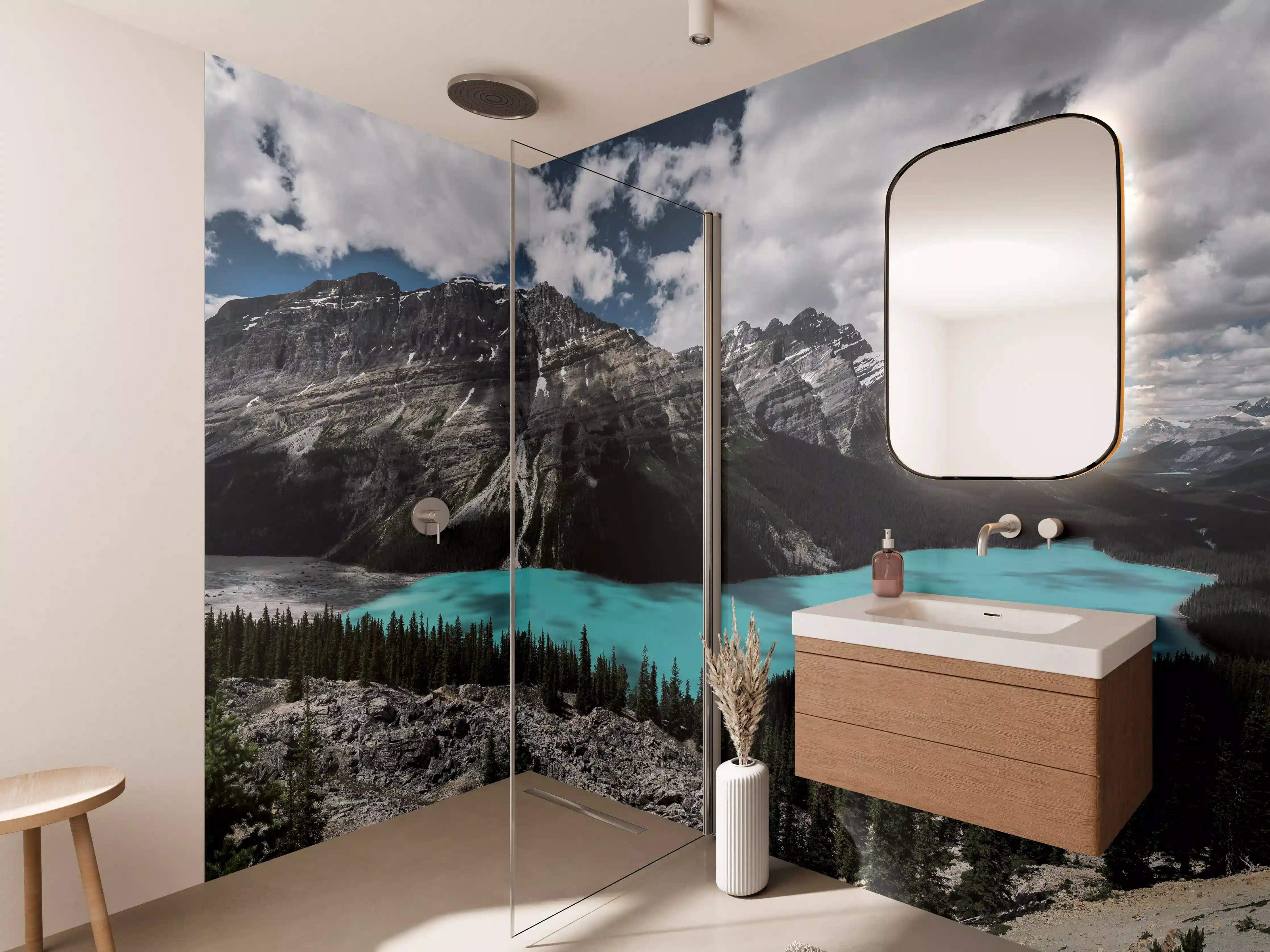 Wandverkleidung Bad - Majestätische Berglandschaft mit türkisblauem See
