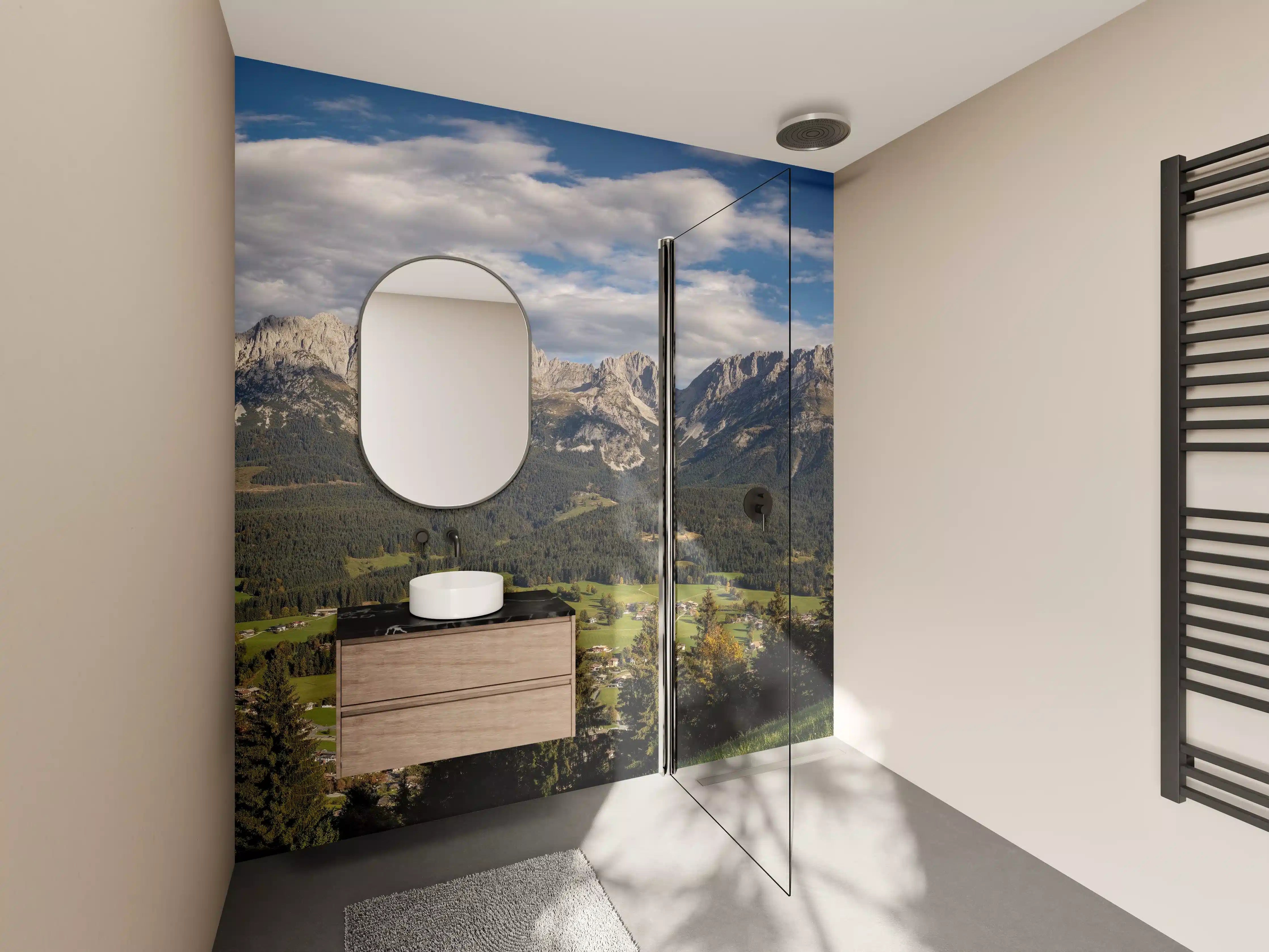 Wandverkleidung Bad - Majestätische Bergpanorama mit grüner Hügellandschaft