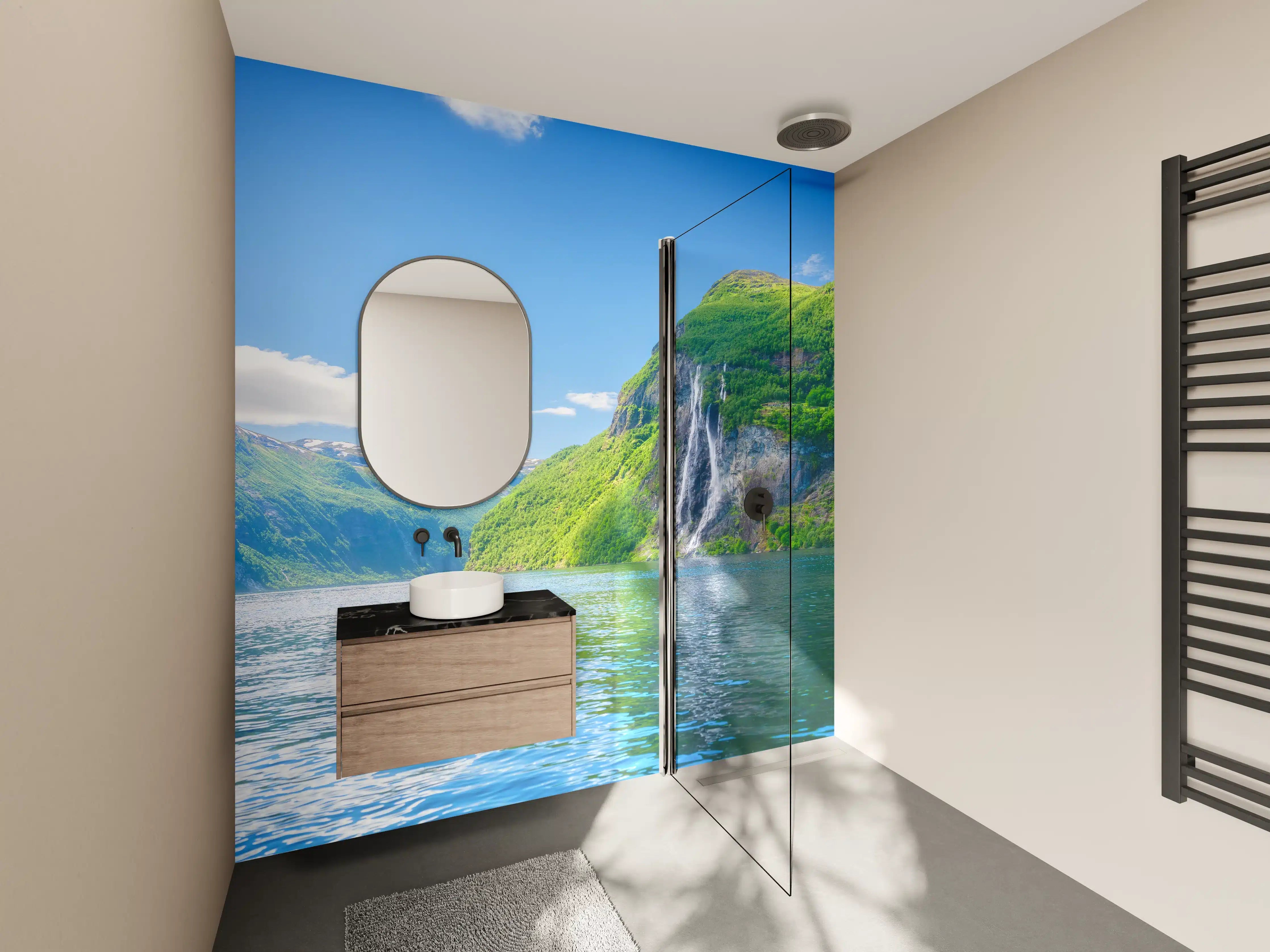Wandverkleidung Bad - Majestätische Fjordlandschaft mit Wasserfall