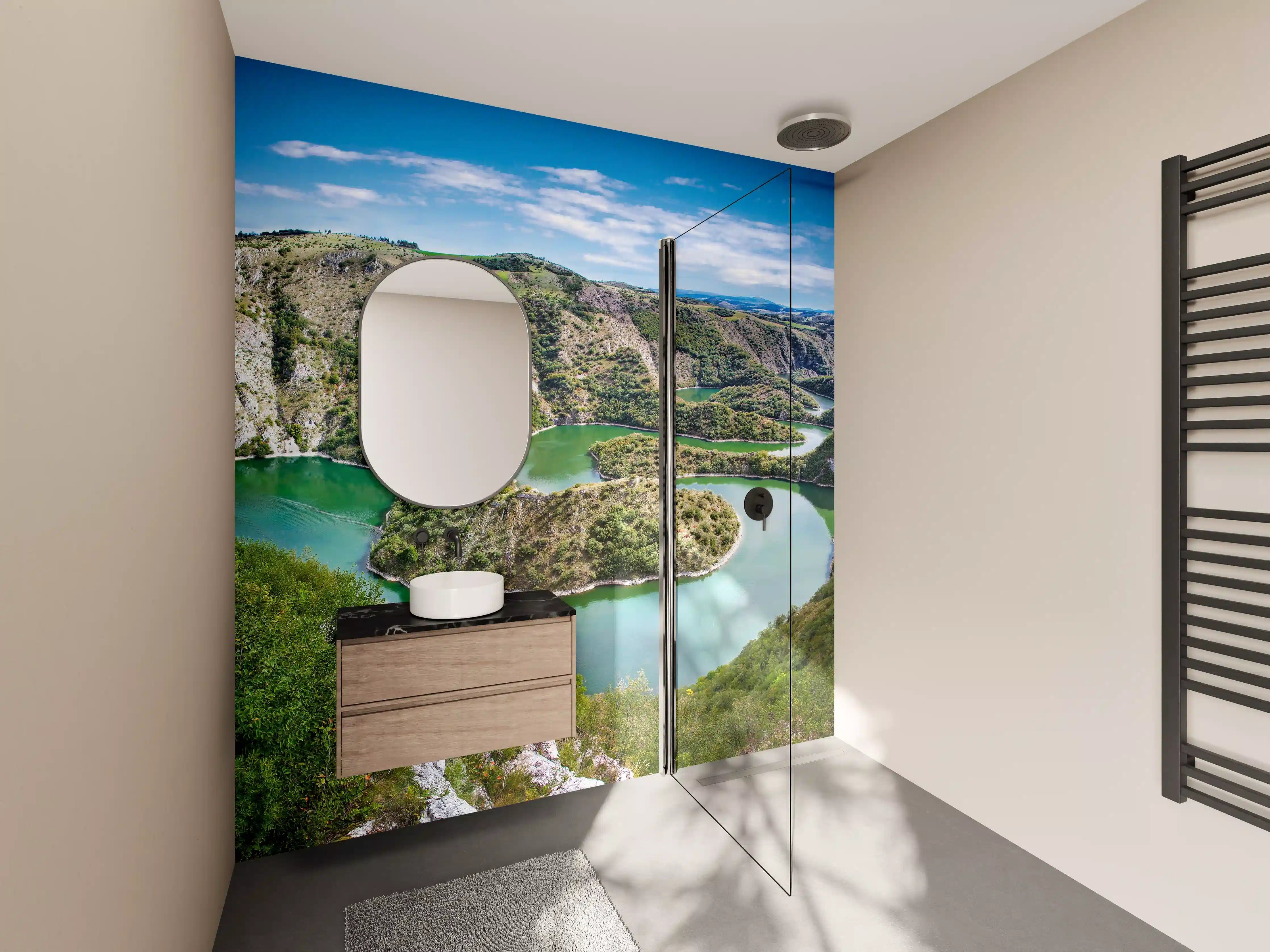 Wandverkleidung Bad - Majestätische Flusslandschaft mit Kurven