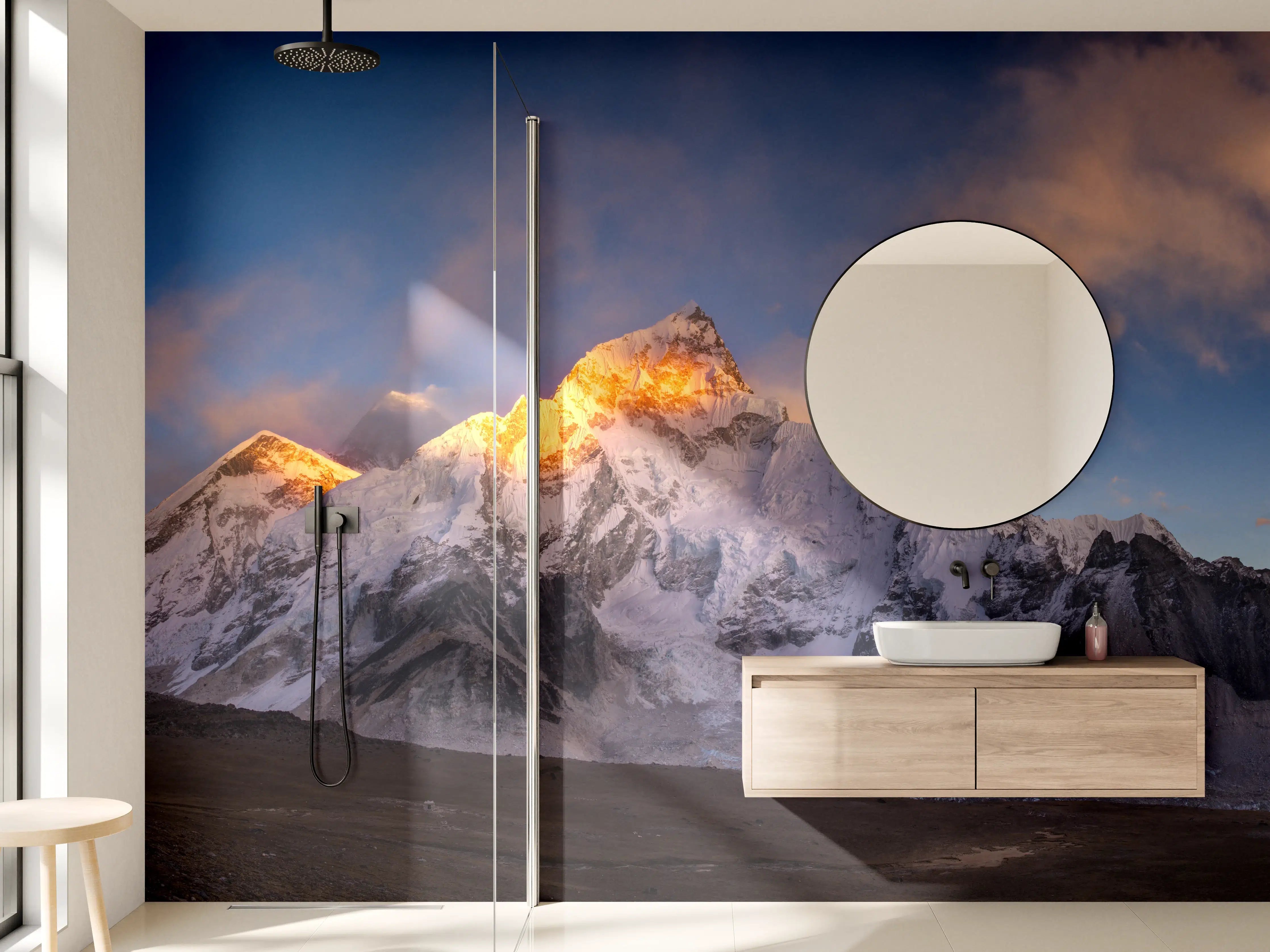 Wandverkleidung Bad - Majestätische Schneegipfel bei Sonnenaufgang