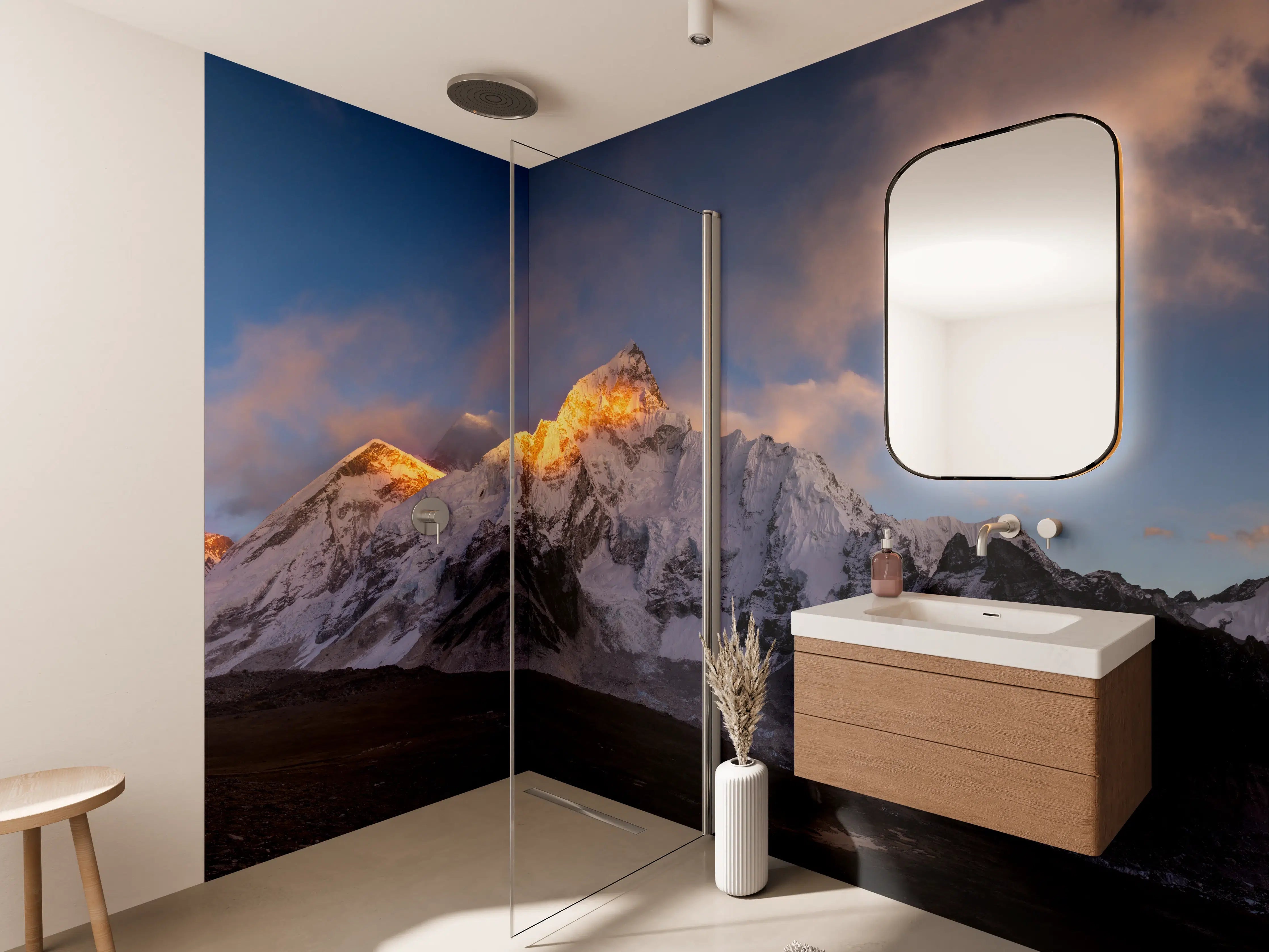 Wandverkleidung Bad - Majestätische Schneegipfel bei Sonnenaufgang